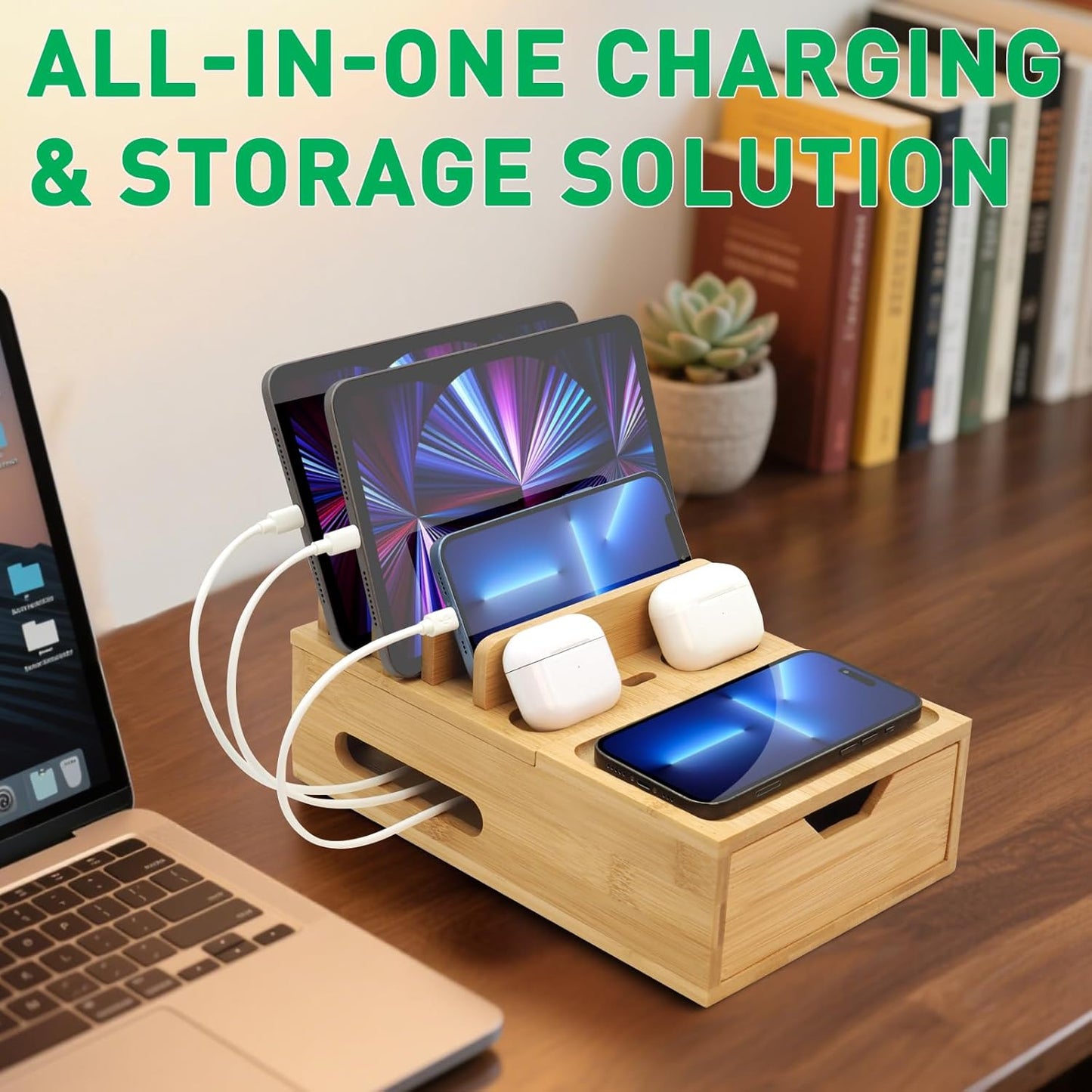 Bamboo Charging Station for Multiple Devices, Desktop Wood Charger Organizer with Drawer & Tray -Included 6 Cables, Compatible with Multi Devices, Cell Phone, Tablet, Earphones (No USB Charger)