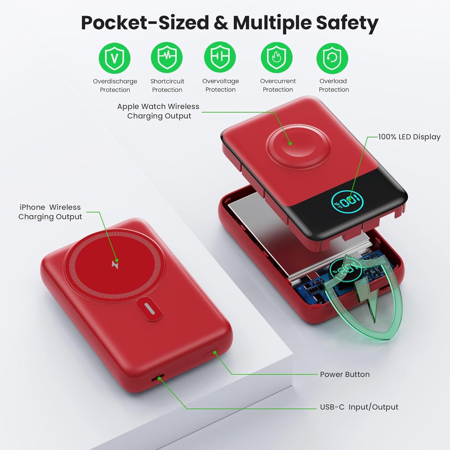 Magnetic Portable Charger for iPhone, 3-in-1 10800mAh Qi2 15W Wireless Power Bank with iWatch Charger,30W PD Fast Charging USB-C LCD Display Battery Pack for Magsafe,iPhone 16/15/14/13/12, Apple Watch