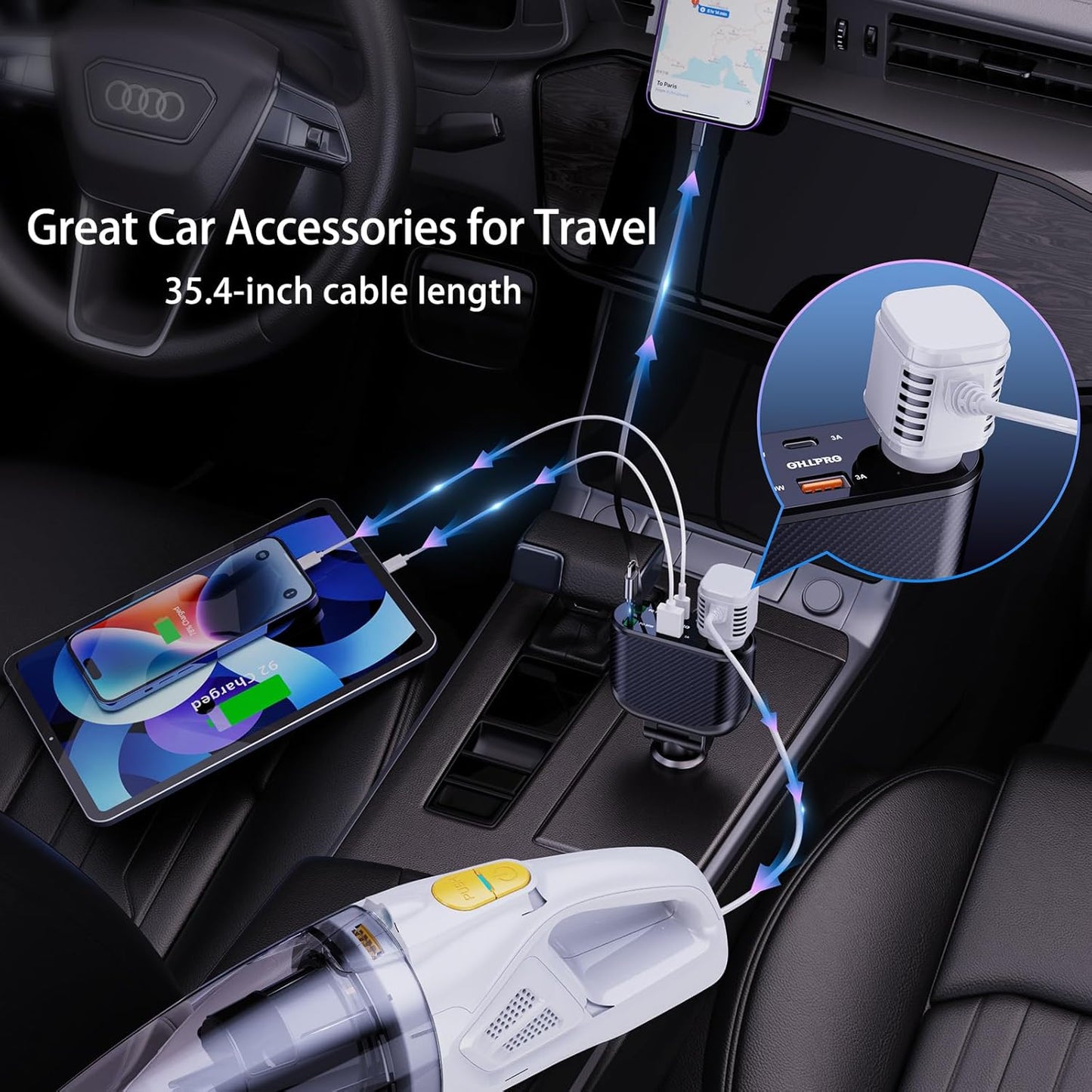 OHLPRO Retractable Car Charger Cigarette Lighter Adapter, 168W 5 in 1 Fast Phone Charging Built-in Replaceable Fuse, Socket Splitter with Dual USB-C Cords, Fit for Phone, iPad, Galaxy, GPS