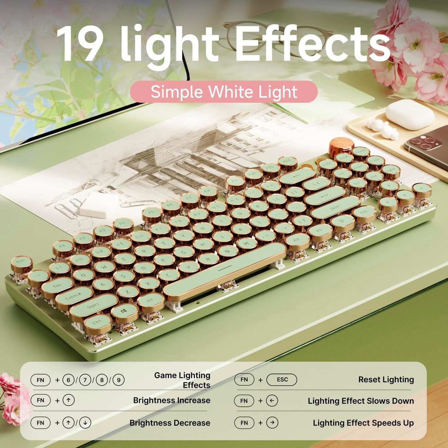 EWEADN V20 Green Typewriter Keyboard,87 Keys Backlit Typewriter Style Mechanical Keyboards, Media Control Knob, Wired/BT5.0/2.4G Typewriter Style Computer Keyboards Pink Switch for Windows/Mac/PC