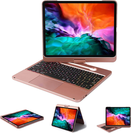 Keyboard Case for iPad Pro 12.9 inch 6th Generation 2022 5th 2021/4th 2020/3rd 2018 Gen,360 Rotatable Wireless Folio 180 Swivel Stand Hard Cover Rose Gold