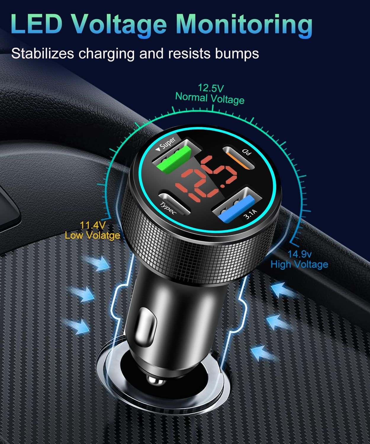 66W USB C Car Charger 4 Port Car Charger Adapter with 30W PD, 3.1A Aluminium Alloy Car Cigarette Lighter USB Charger with LED Voltmeter Compatible with Phone 15 14 13