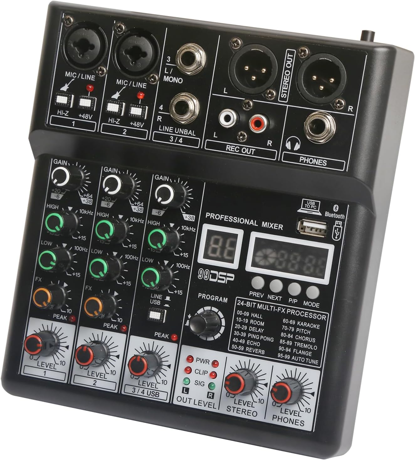 Dj Mixers, 4 Channel Audio Mixer, Sound Board with Bluetooth Player, Usb Audio Interface with 48V Phantom Power, Sounds Mixer Board with 99 DSP FX Reverb Delay Effect