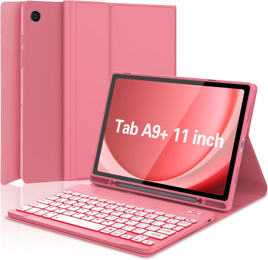 Keyboard Case for Samsung Galaxy Tab A9 Plus 5G 11 inch 2023 (SM-X210/X216/X218), 7 Color Backlit Detachable Keyboard Bluetooth, Smart Folio Cover with S Pen Holder for Galaxy Tab A9+ 11"(Dark Pink)