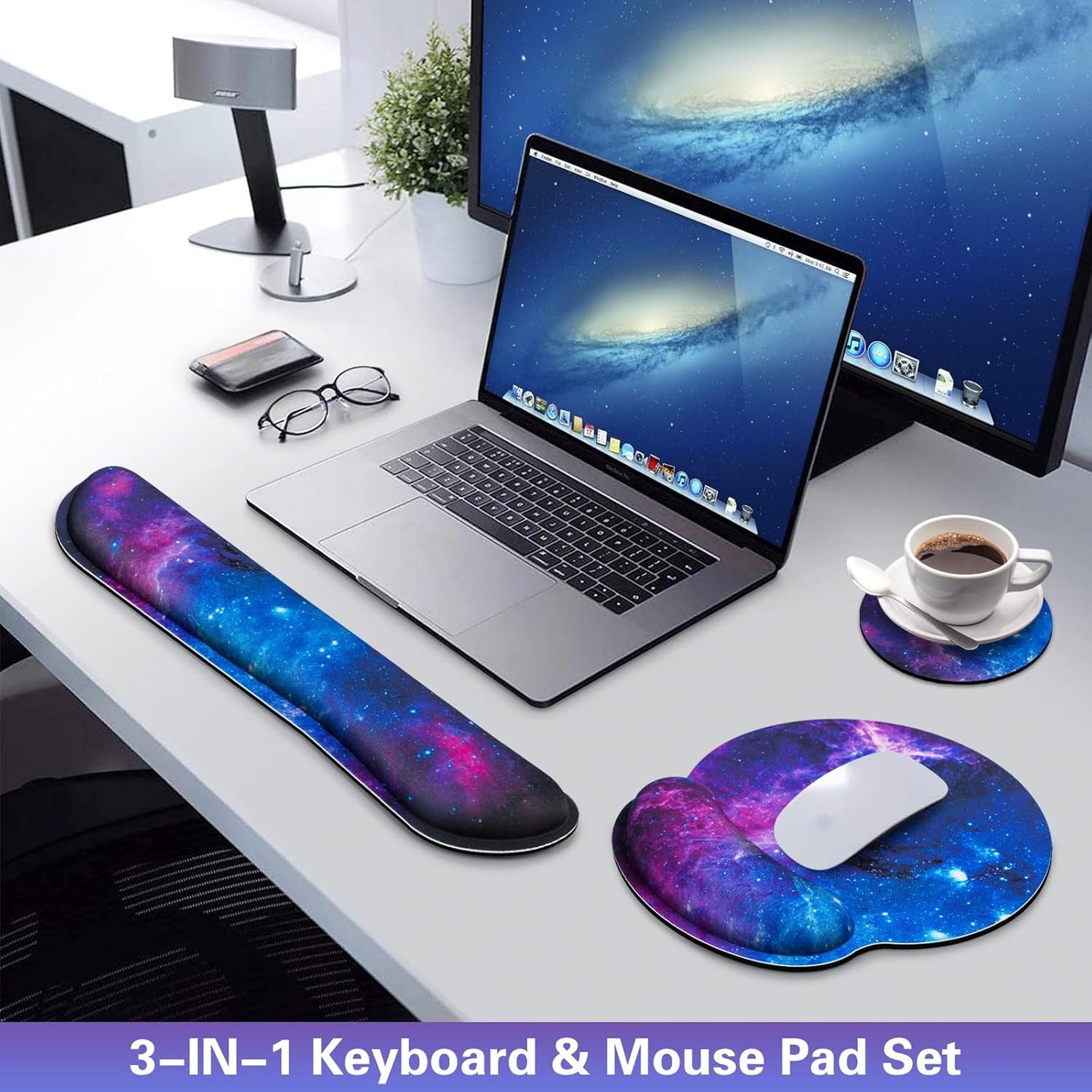 Mouse Pad with Wrist Rest Set, 3-in-1 Wrist Support Mousepad Set, Gaming Mat Pad with Anti-Skid Base,Ergonomic Memory Foam Keyboard Gel Wrist Rest