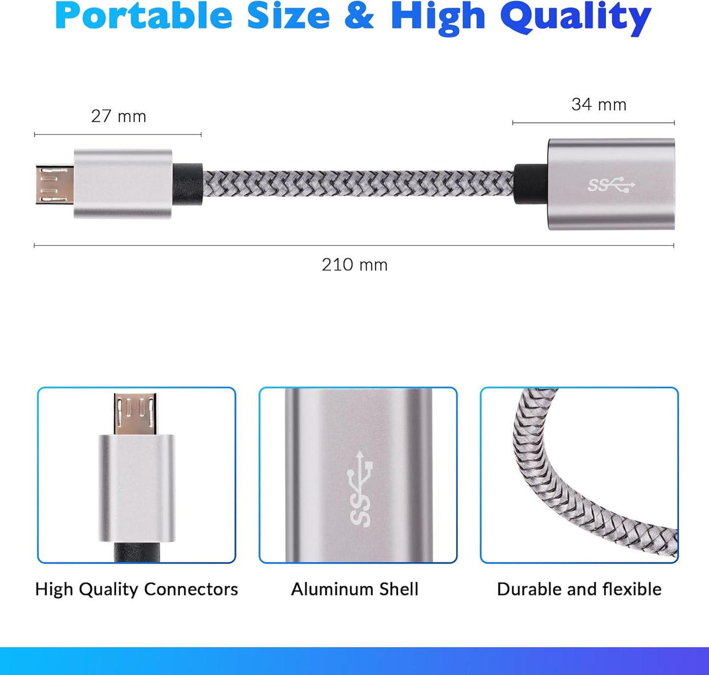 USB to Micro USB Adapter 2 Pack, Unidirectional Micro USB Male to USB Female 2.0 OTG On-The-Go Cable Converter, Nylon Braided, Aluminum Shells for S7 LG, Flash Drive, Mouse, Keyboard, Game Controller