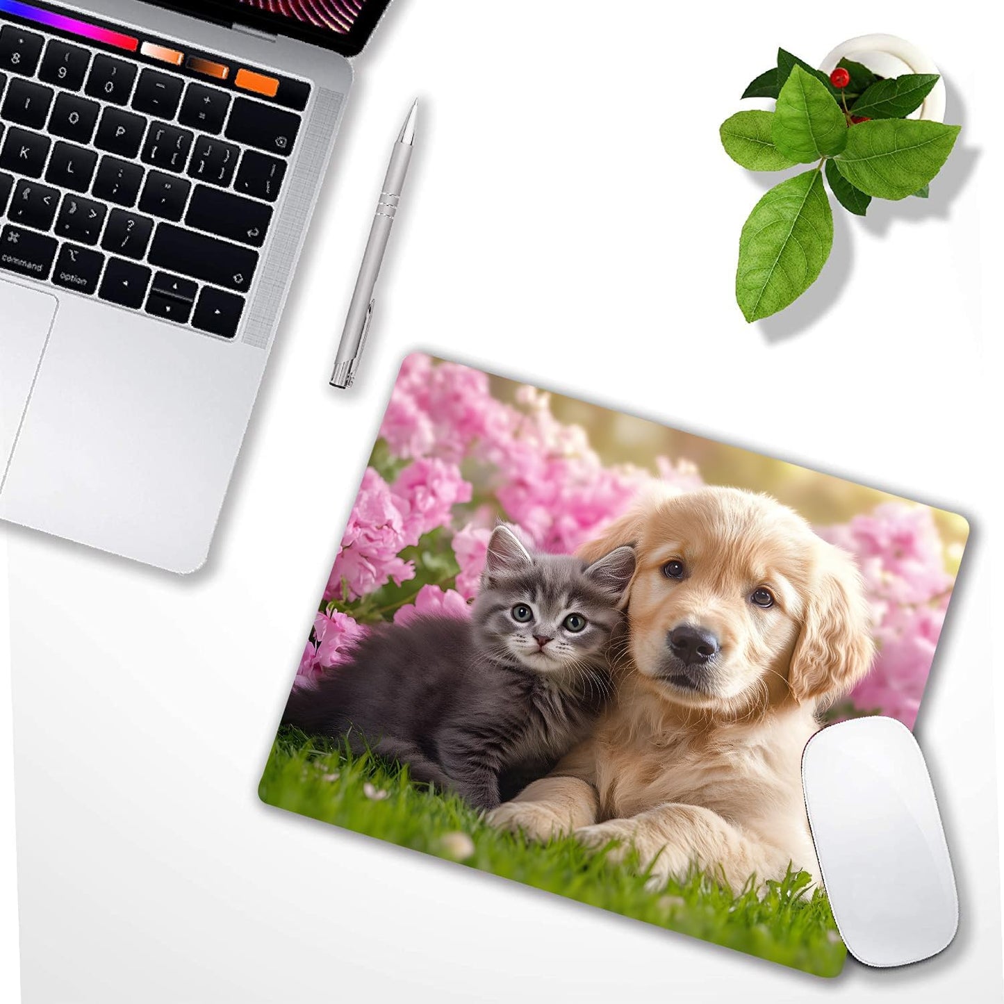 Kawaii Cat and Dog Custom Mouse Pad with Non-Slip Rubber, Small Square Design for Wireless Laptop & Computer Mouse Pads for Desk, 9.5 x 7.9 inch Smooth Surface for Gaming & Office