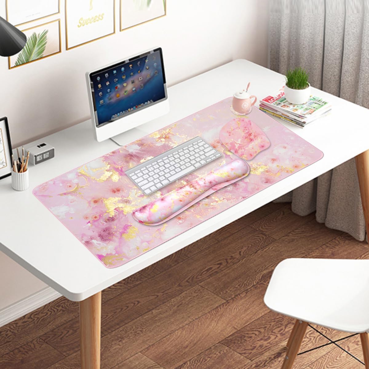 Keyboard Wrist Rest Large Mouse Pad Wrist Support for Computer, 4 in 1 Memory Foam Keyboard Pad Desk Mat Ergonomic Hand Rest Wrist Cushion for Home Office Gaming - Pink Gold