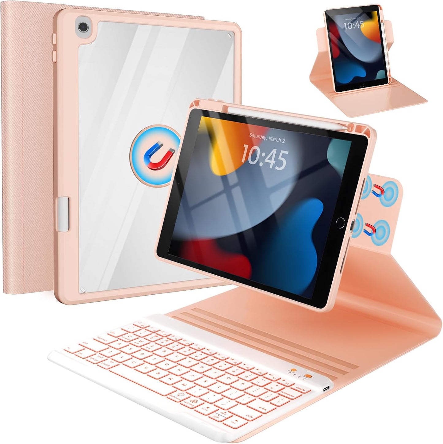 Keyboard Case for iPad 9th/8th/7th Generation-10.2 inch 2021/2020/2019, iPad Pro 10.5-inch, iPad Air 3 Gen Case with Backlit Keyboard, 360° Rotatable Detachable Folio with Pencil Holder (Pink)