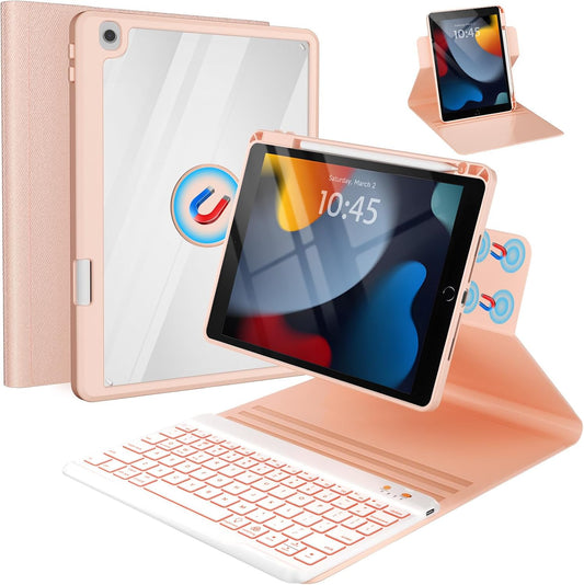Keyboard Case for iPad 9th/8th/7th Generation-10.2 inch 2021/2020/2019, iPad Pro 10.5-inch, iPad Air 3 Gen Case with Backlit Keyboard, 360° Rotatable Detachable Folio with Pencil Holder (Pink)