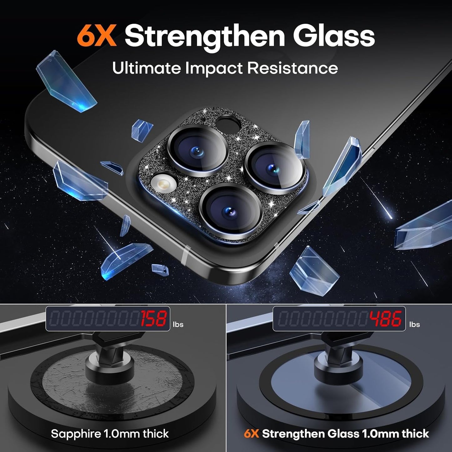 Camera Lens Protector for iPhone 16 Pro Max/16 Pro/15 Pro Max/15 Pro/14 Pro Max/14 Pro, Aluminum Alloy Sapphire Glass Camera Screen Cover, Case Friendly- Glitter Black