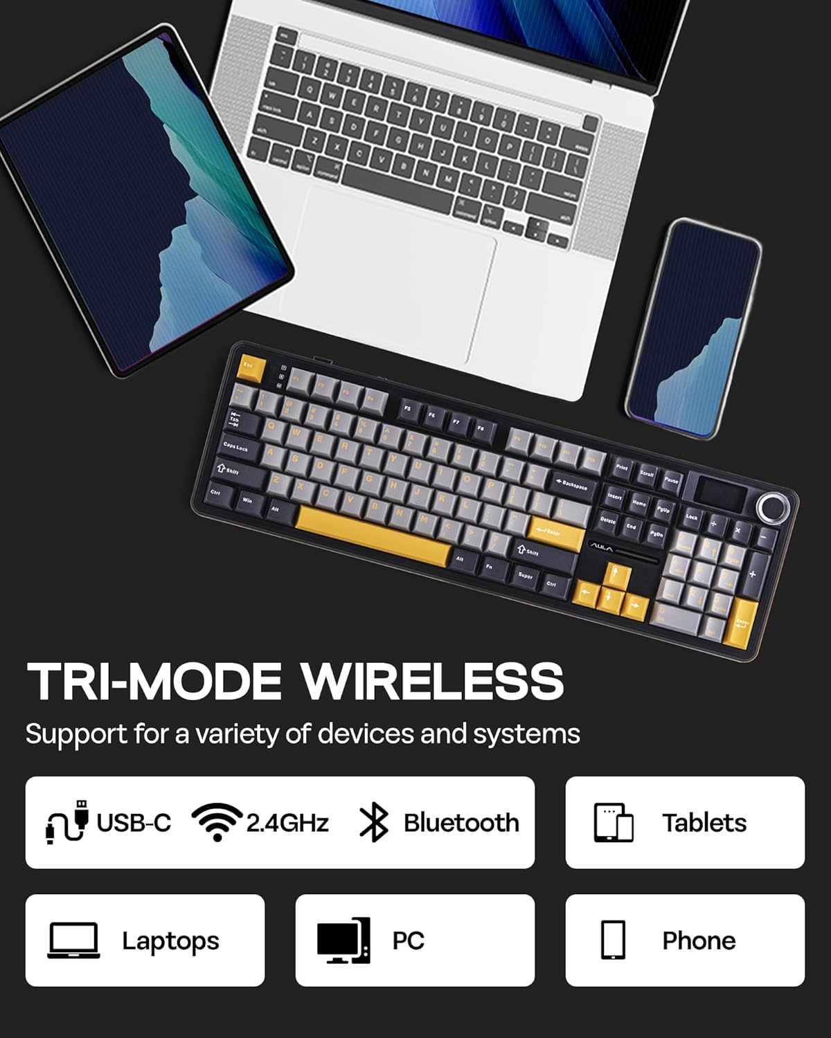 EPOMAKER X Aula F108 PRO Wireless Gaming Keyboard with Screen, 8000mAh Battery, 104 Hot-Swappable and Programmable Keys and Knob, RGB Backlight, for Mac/PC/Android (Grey&Yellow)