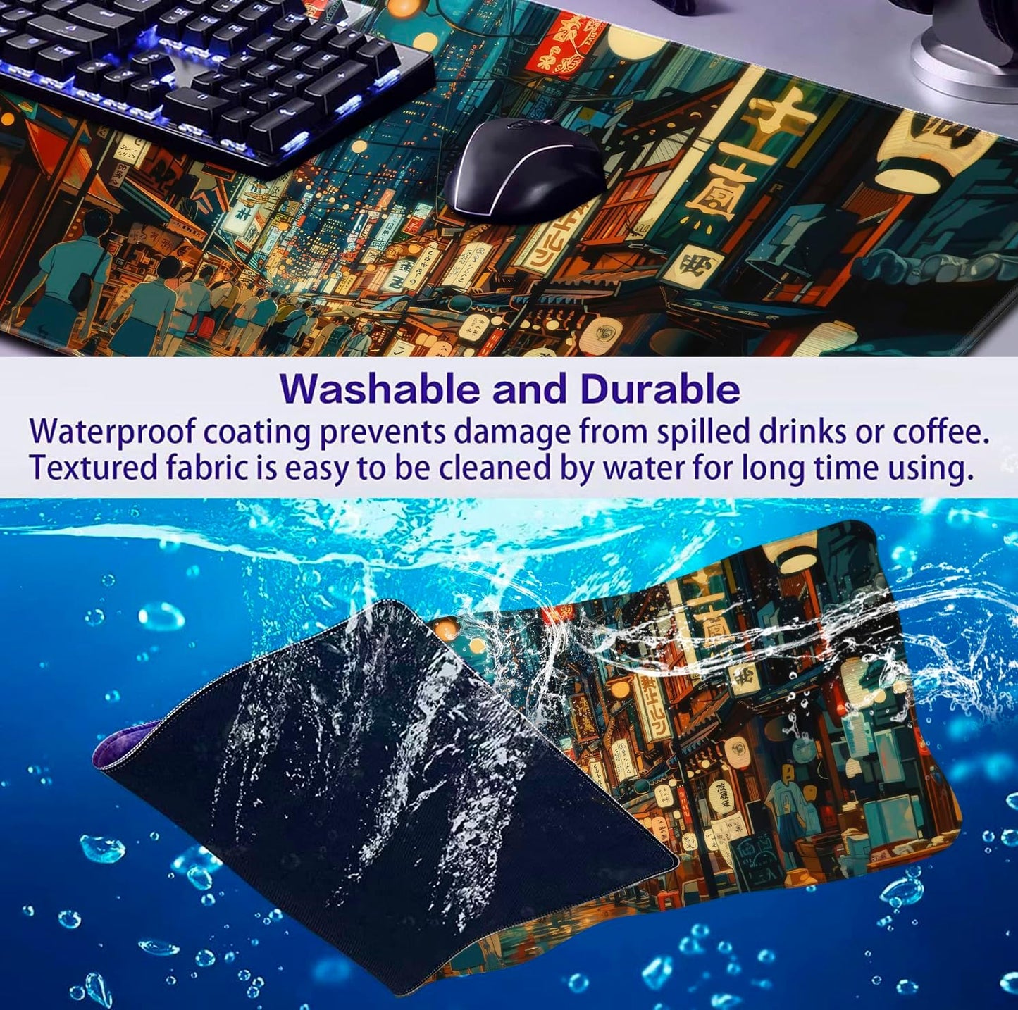 Cute Japanese Street Desk Mat, Anime Tokyo Street Night Scene Large Mouse Mat XXL, Computer Desk Mat 35.4 x 15.7 x 0.12 Inches