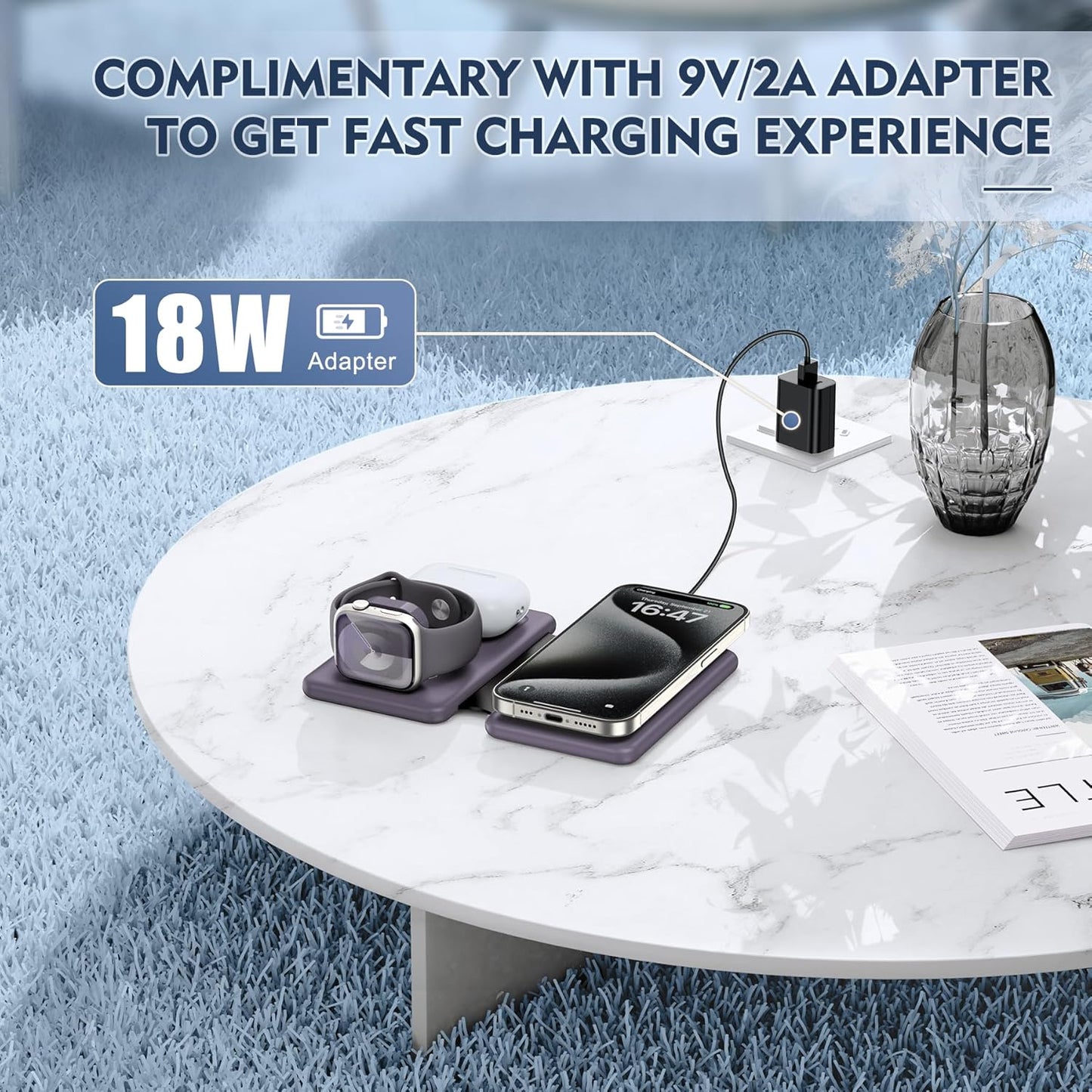 Wireless Charger iPhone - 3 in 1 Charging Station for Apple Devices for iPhone 16 15 14 13 12 Pro Max Plus - Foldable Magnetic Charging Pad for Apple Watch Series & Airpods Series