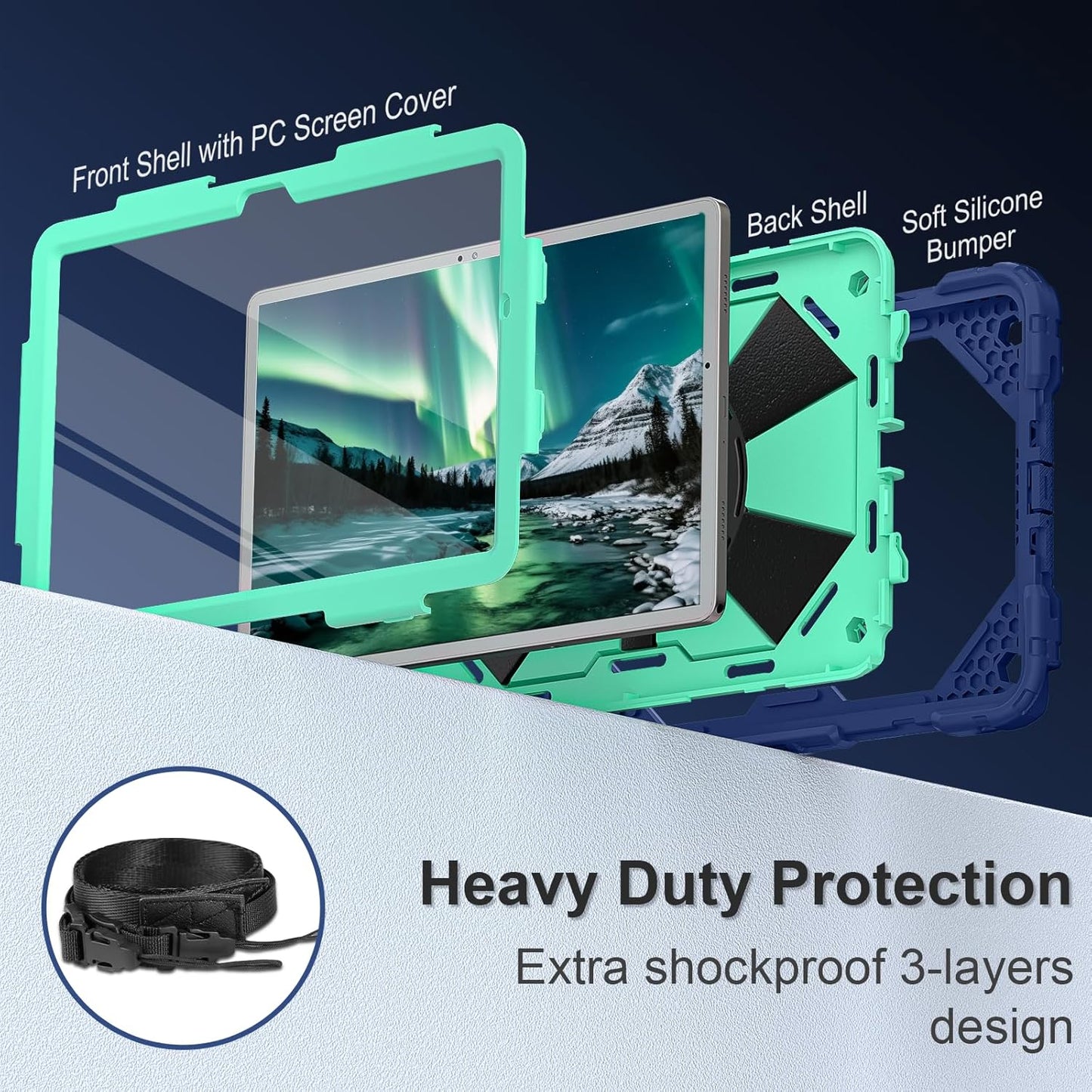 for Galaxy Tab A9 Plus Case 11 Inch, Rugged Case for Samsung Galaxy A9+ Tablet with Screen Protector 360 Rotating Stand Shoulder Strap Pen Holder, 2023 Model(SM-X210/X216/218), Navy Mint