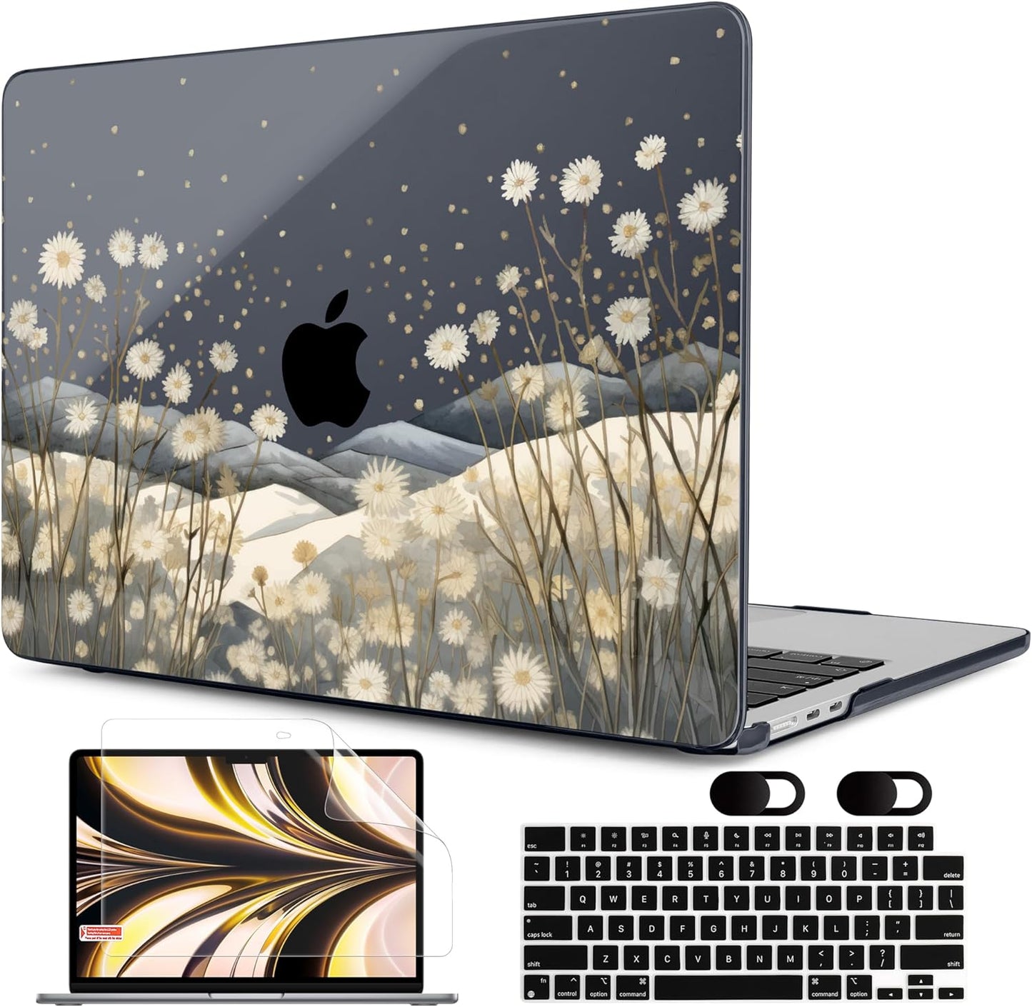 MEEgoodo Case for M4/M3/M2 MacBook Air 13.6 inch Case 2025 2024 2022, Fit Model A3240/A3113/A2681, Laptop Hard Shell with Keyboard Cover Compatible with MacBook Air 13 inch, Starry Wildflowers