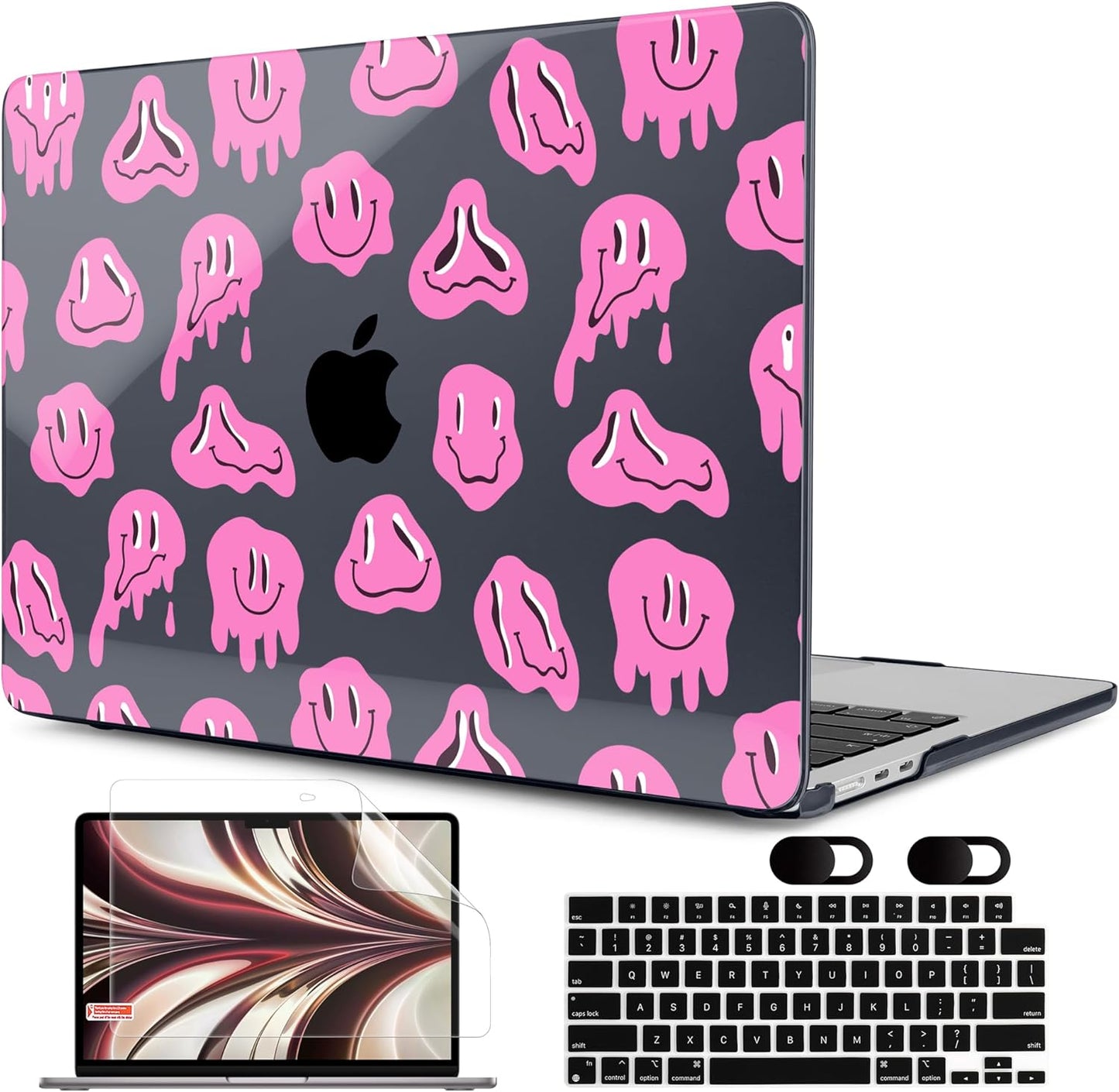 MEEgoodo Case for MacBook Air M4/M3/M2 13.6 inch 2025 2024 2022, Fit Model A3240 A3113 A2681, Compatible with MacBook Air 13 inch, Laptop Hard Shell Case with Keyboard Cover, Pink Groovy Emoji