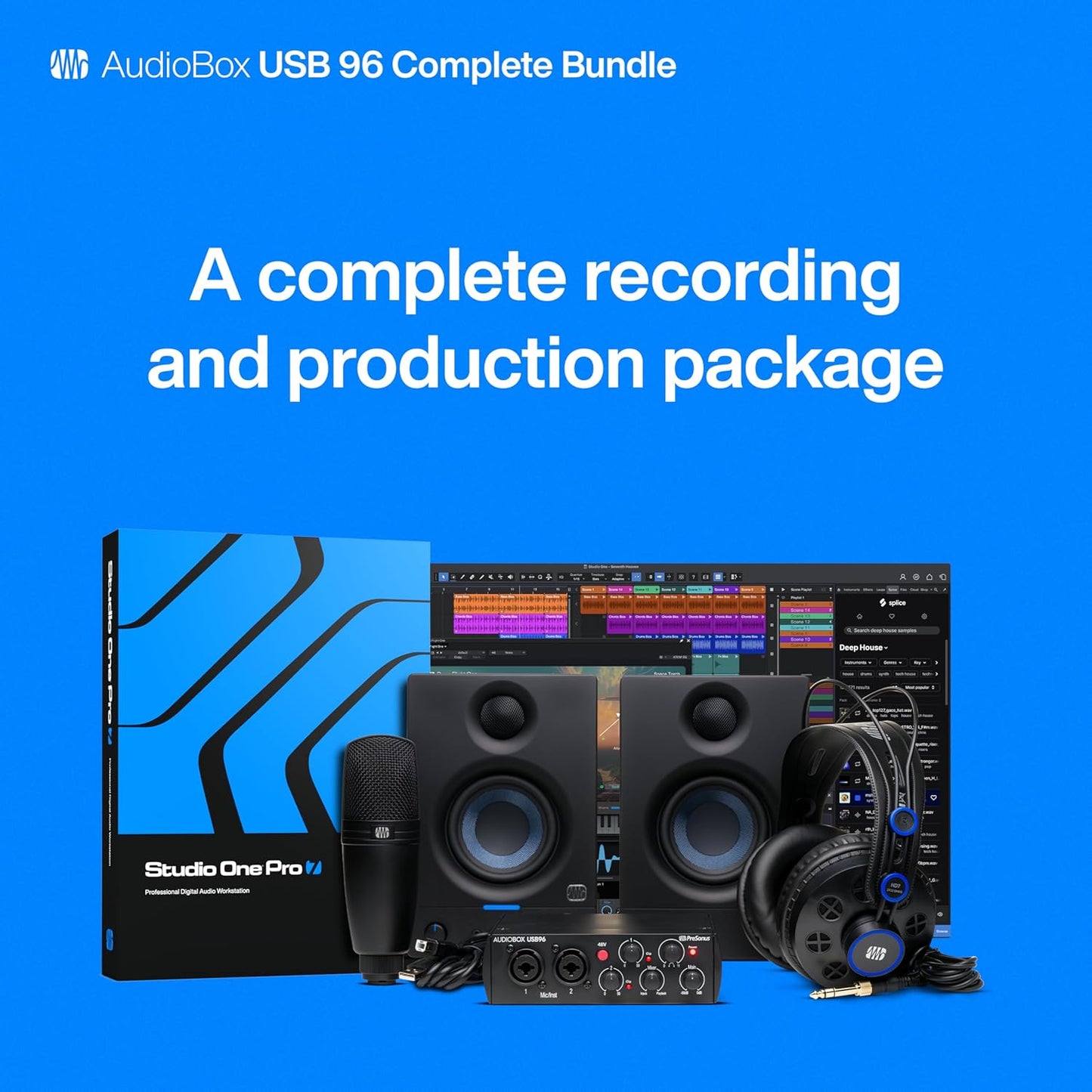 PreSonus AudioBox USB 96 Bundle — USB Audio Interface, XLR Interface for Guitar, Device for PC & Mac, Complete Recording Package with Studio One Pro, Music Production, Home Studio