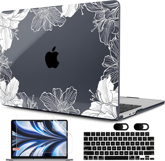 MEEgoodo Case for M4/M3/M2 MacBook Air 13.6 inch Case 2025 2024 2022, Fit Model A3240/A3113/A2681, Laptop Hard Shell with Keyboard Cover Compatible with MacBook Air 13 inch, Lily Floral
