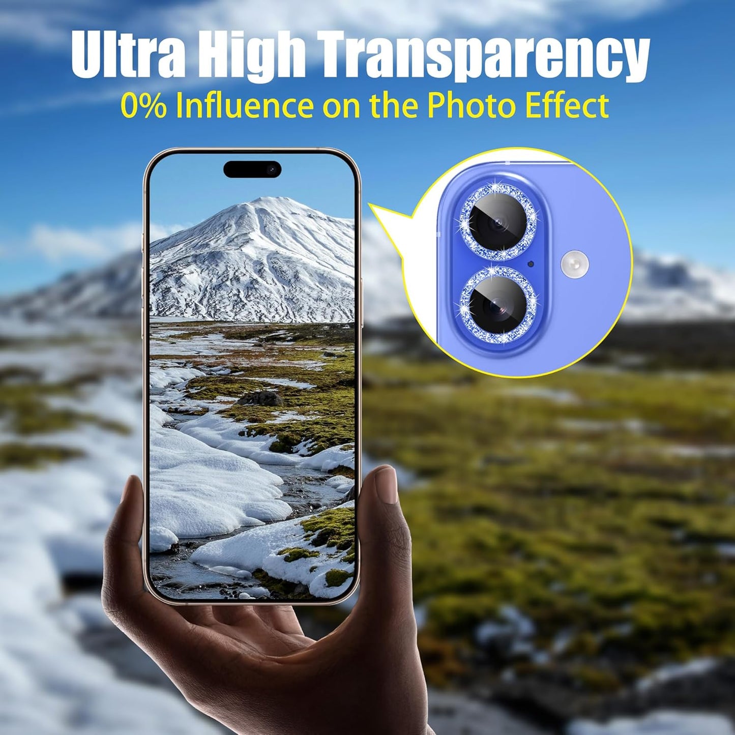 AGVEE 3+3 6 Pack for iPhone 16 6.1" / 16 Plus 6.7" Camera Lens Cover Protector, Bling Glitter & CD-Textured Metal Ring 9H Tempered HD Glass Camera Cover Protector Film, Glitter-Blue