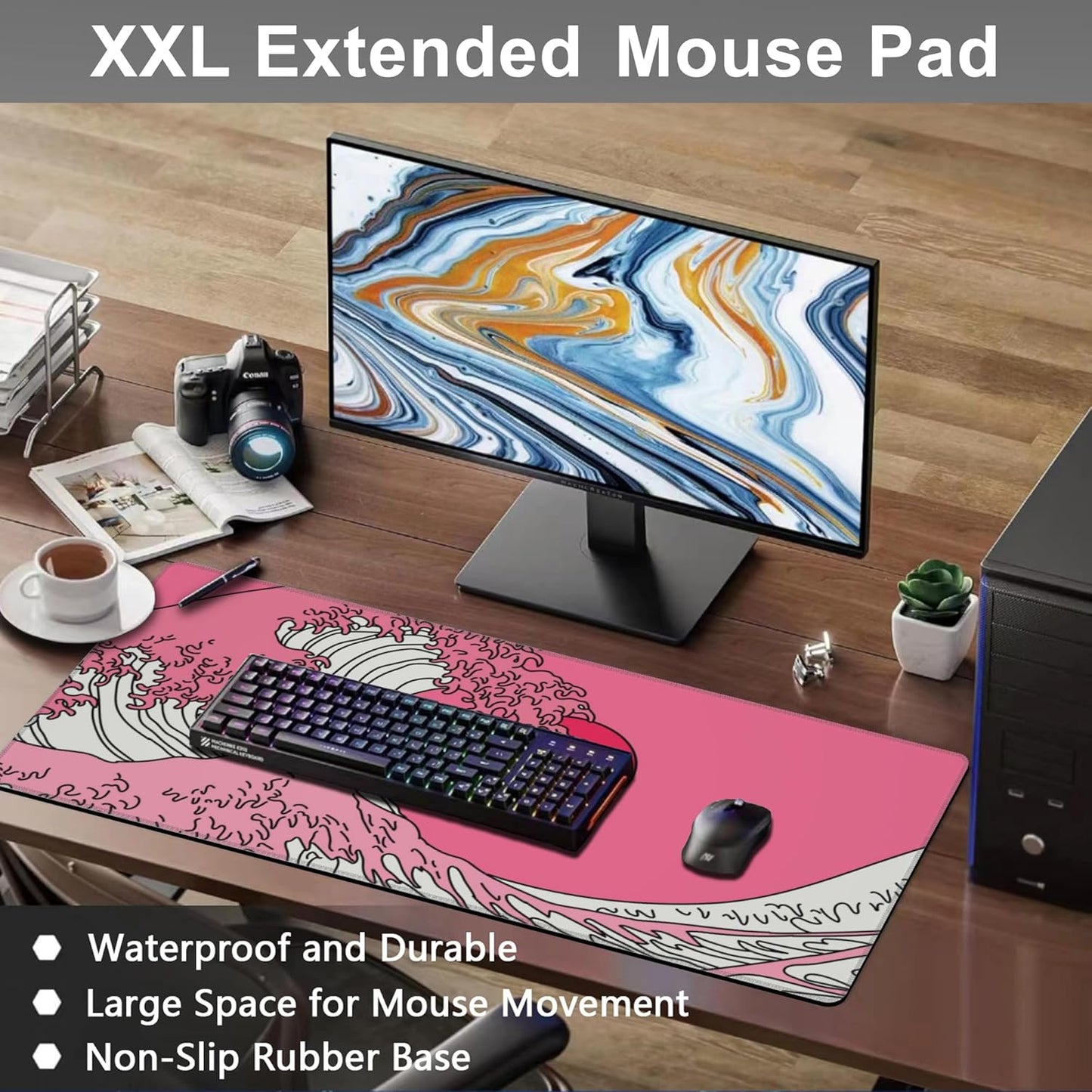 Mouse Pad, Large Great Wave in Vaporwave Pop Art Desk Mat, Extended Non-Slip Gaming Keyboard Mousepad Desk Pad, Thick Stitched Edges Waterproof Mouse Mat 31.5"x15.7" (Ocean's Crest Leap)