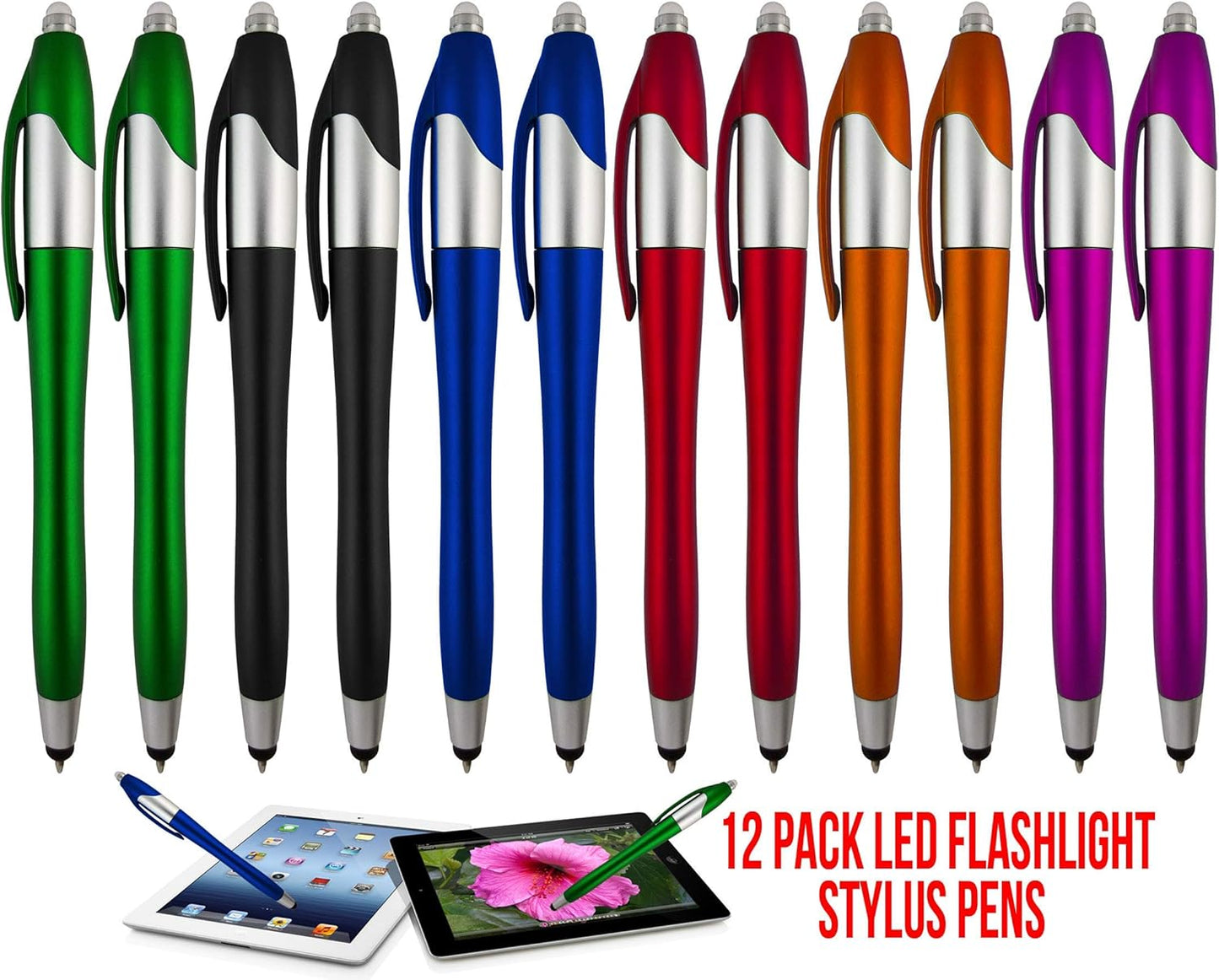 Stylus Pen, 3-1 Multi-Function, Ball Point Black Ink Pen, Capacitive Stylus for Touchscreen Devices, LED Flashlight, Medical Pen Light,for Home,Work,Doctors, and Nurses (12 Pack, Multi-Color)