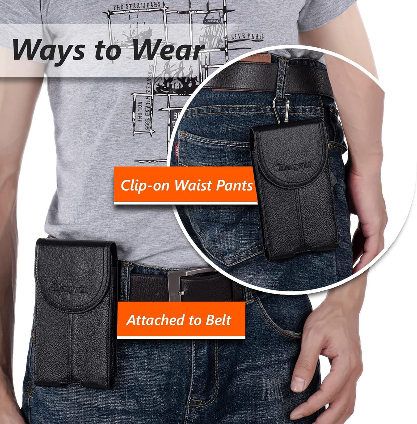 Hengwin Genuine Leather Cell Phone Holster for Belt Men, Vertical Phone Holder Belt Pouch Fits for iPhone 15 Pro Max 14 Pro Max 13 Pro Max Samsung Galaxy S24 Ultra Note9 Case with Belt Clip (Black)