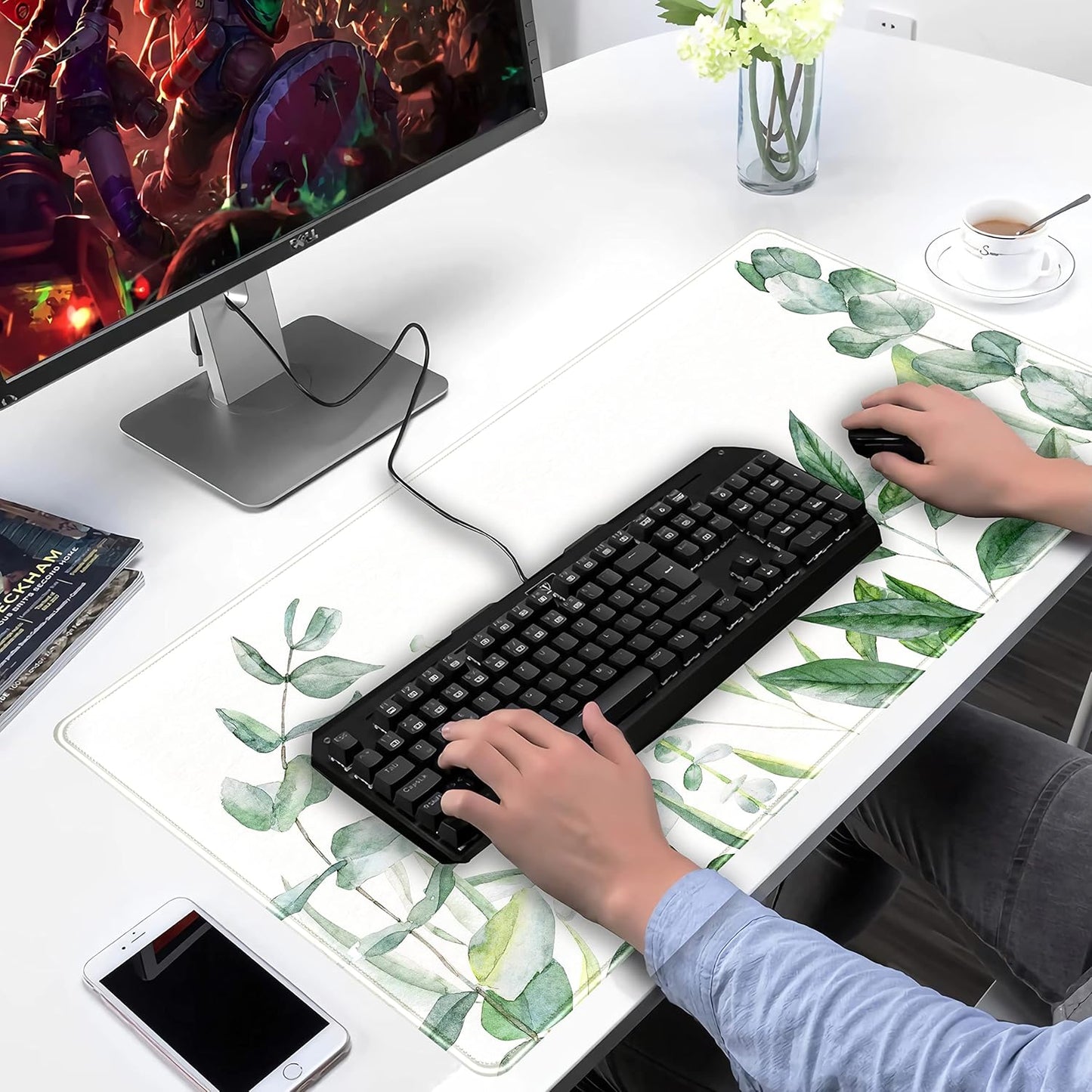 Eucalyptus Leaves Large Mouse Pad Green Plants Extended Gaming Mousepad, Leaf Desk Mat with Stitched Edges XXL Size (31.5x15.75 Inchs), Wireless Mouse Keyboard Mat for Desktop Laptop, Game, Office