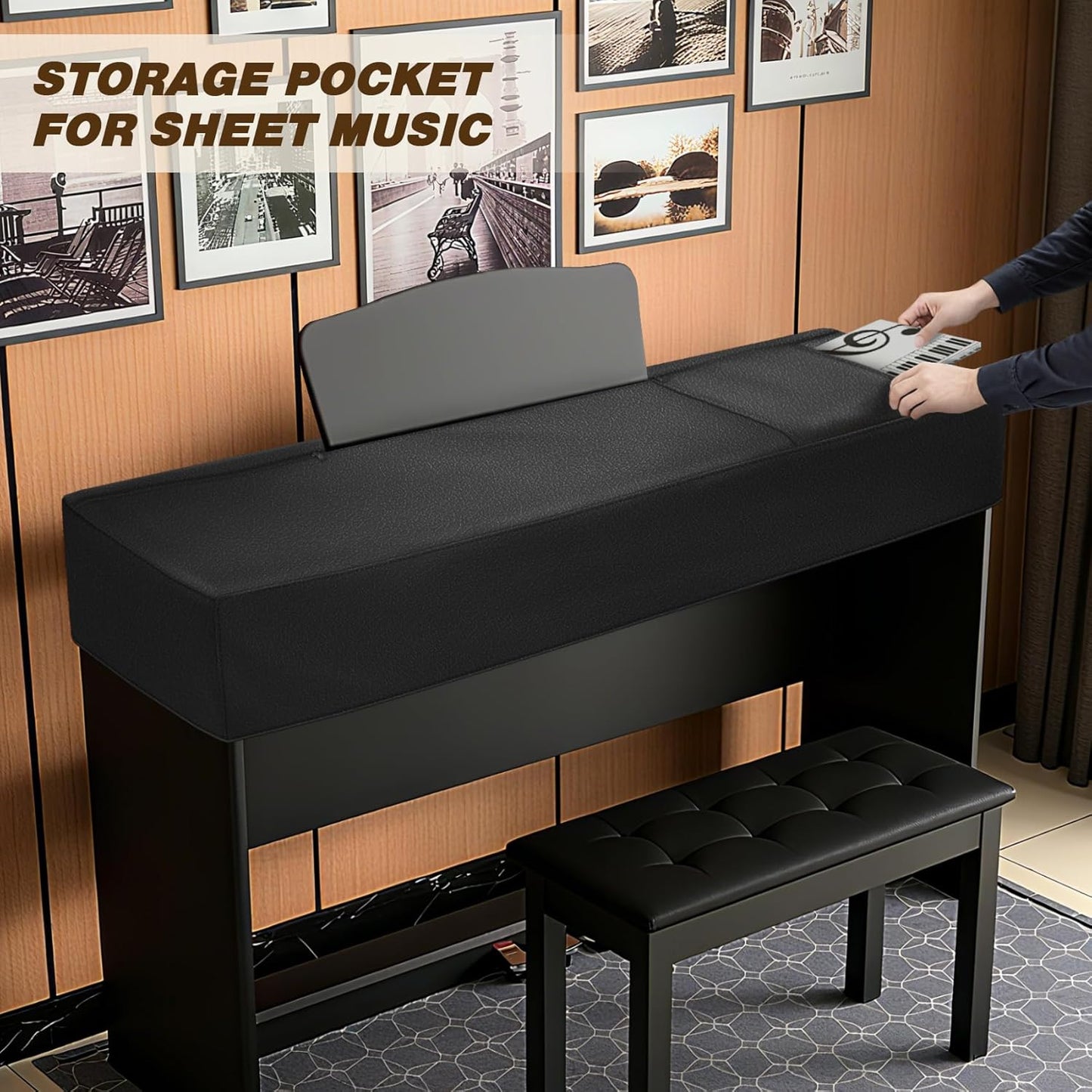 Explore Land 88 Keys Digital Piano Dust Cover with Music Stand Opening and Pockets - Waterproof Leatherette Electronic Keyboard Cover Fits for Most Piano