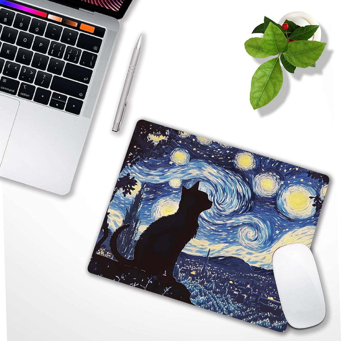 Starry Night Black Cat Custom Mouse Pad with Non-Slip Rubber, Small Square Design for Wireless Laptop & Computer Mouse Pads for Desk, 9.5 x 7.9 inch Smooth Surface for Gaming & Office