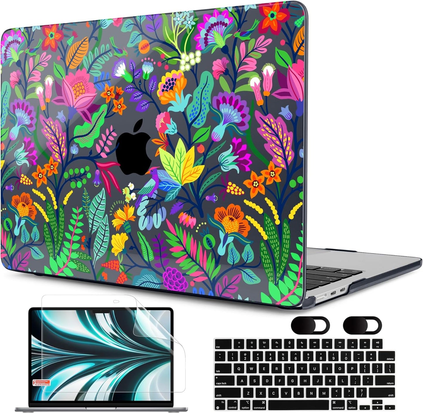 MEEgoodo Case for MacBook Air M4/M3/M2 13.6 inch 2025 2024 2022, Fit Model A3240 A3113 A2681, Compatible with MacBook Air 13 inch, Laptop Hard Case with Keyboard Cover, Bright Flowers & Tropic Leaves