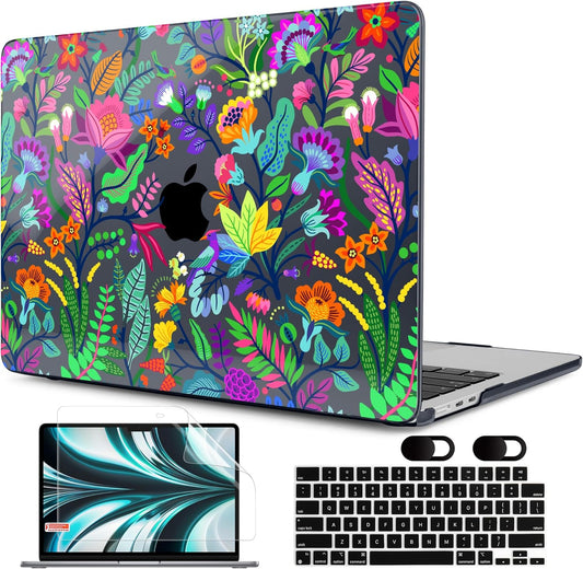 MEEgoodo Case for MacBook Air M4/M3/M2 13.6 inch 2025 2024 2022, Fit Model A3240 A3113 A2681, Compatible with MacBook Air 13 inch, Laptop Hard Case with Keyboard Cover, Bright Flowers & Tropic Leaves