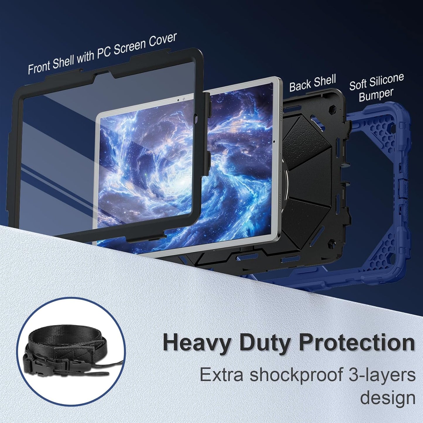 for Galaxy Tab A9 Plus Case 11 Inch, Rugged Case for Samsung Galaxy A9+ Tablet with Screen Protector 360 Rotating Stand Shoulder Strap Pen Holder, 2023 Model(SM-X210/X216/218), Navy Black