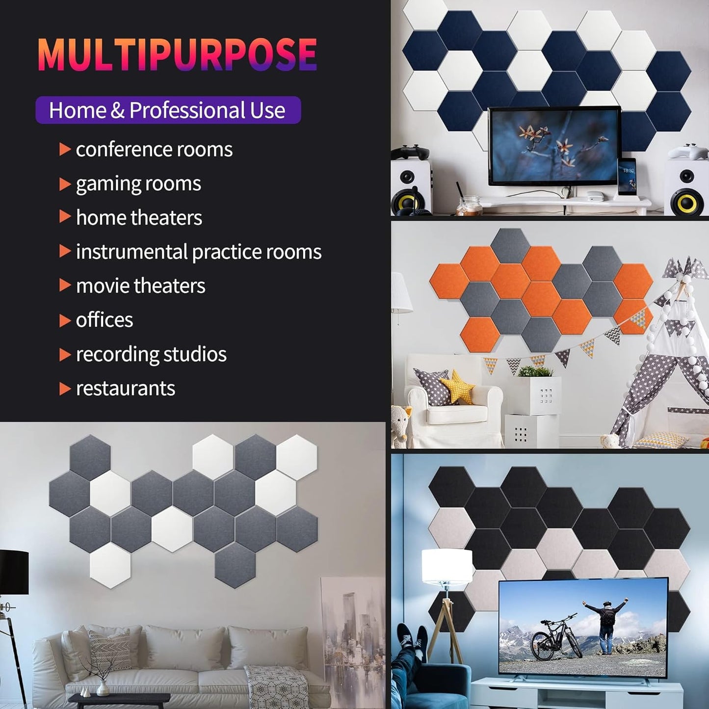 Mollywell Hexagon Acoustic Panels, High Density, Soundproofing, Decorative Noise Reduction Felt Wall Tiles for Ceilings, Home Office & Gaming Room (Deep Brown), 14x12x0.4 Inch