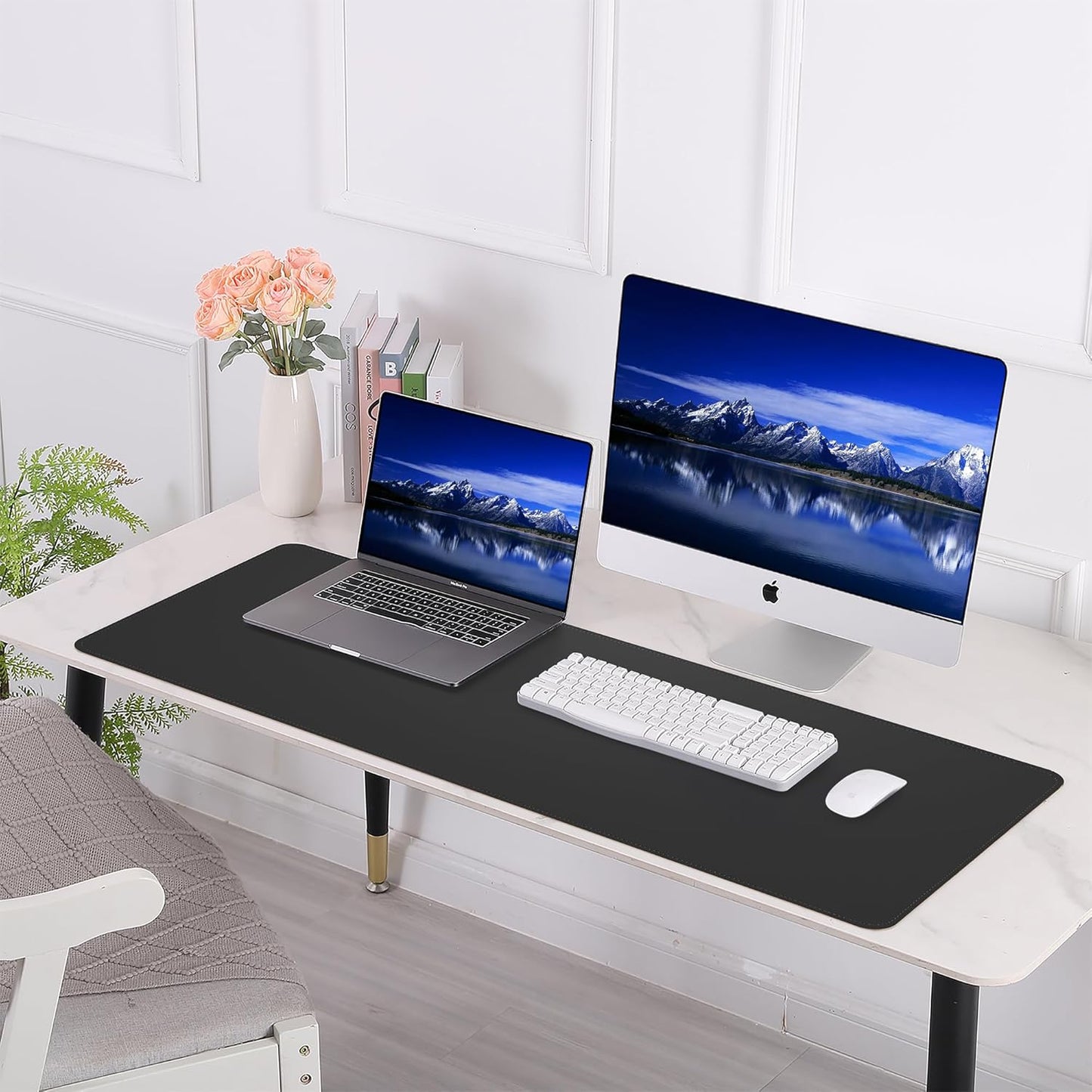 AFIING Leather Desk pad Protector, Large Non-Slip Office Desk Mat with Natural Cork & PU Leather, Waterproof Writing Mouse Pad for Office and Home (55in*17in,Black)