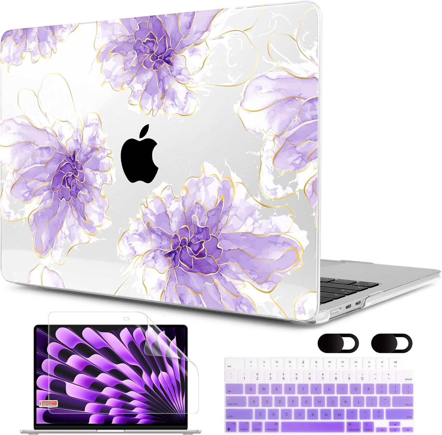 MEEgoodo Case for MacBook Air M4/M3/M2 13.6 inch 2025 2024 2022, Fit Model A3240 A3113 A2681, Compatible with MacBook Air 13 inch, Laptop Hard Shell Case with Keyboard Cover, Purple Ink Flower