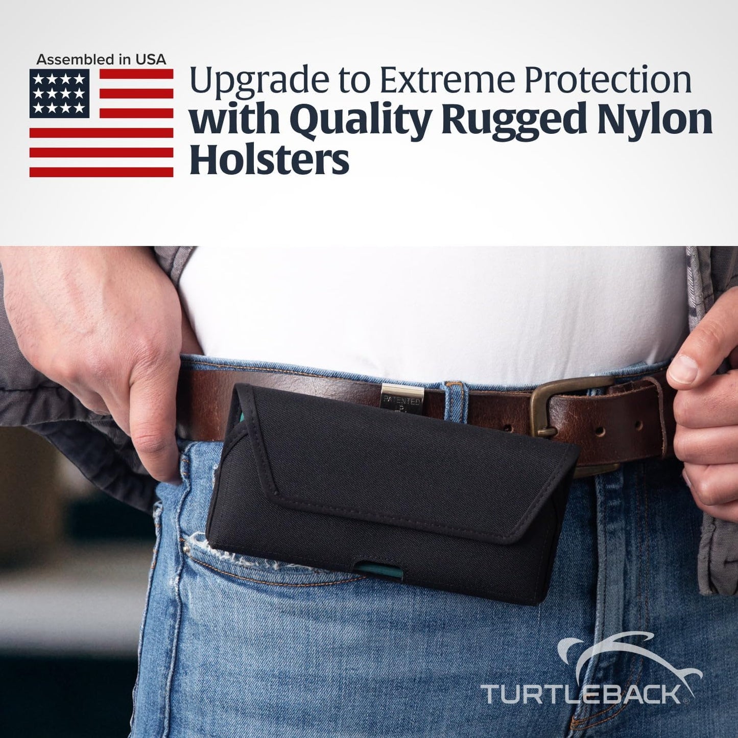 Turtleback Belt Clip for iPhone 16 Pro, 16e, 15 pro 14 Pro 13 Pro -Medium- Fits w/Shockproof Commuter Style Cases, Premium Black Nylon, Horizontal Belt Holder, Magnetic Closure HD Rotating Clip