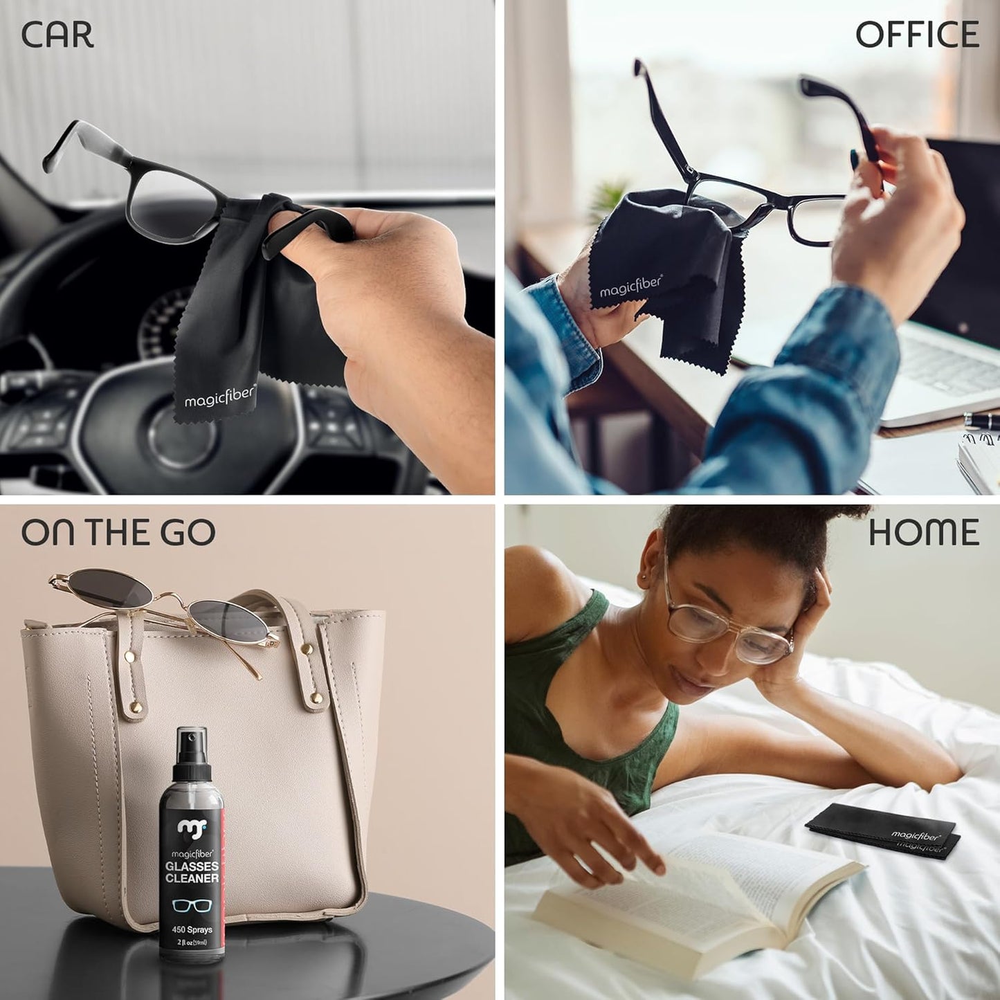 MagicFiber Glasses Cleaner Kit - (2) Eyeglass Cleaner Sprays + (2) Microfiber Cleaning Cloth - Wipes For Eye Glasses, Lenses, Cameras, Screens, Sunglasses, Phones, Electronics, Computer, VR, TV