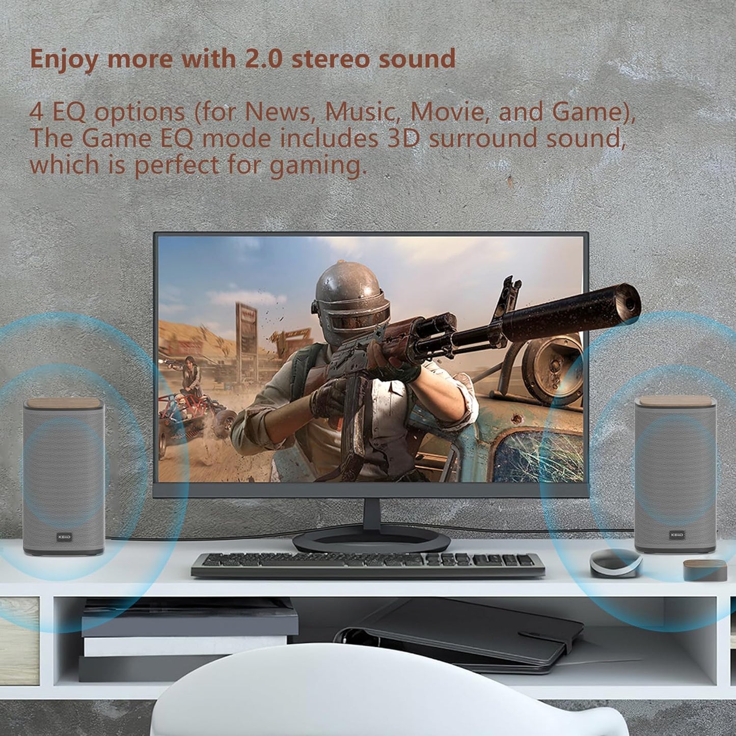 KEiiD Bluetooth Computer Speakers with Wireless Touch Control Pod for PC Laptop/Desktop Wireless Stereo Gaming Speakers, 4 EQ Modes, Aesthetic Style, 2024 New Model