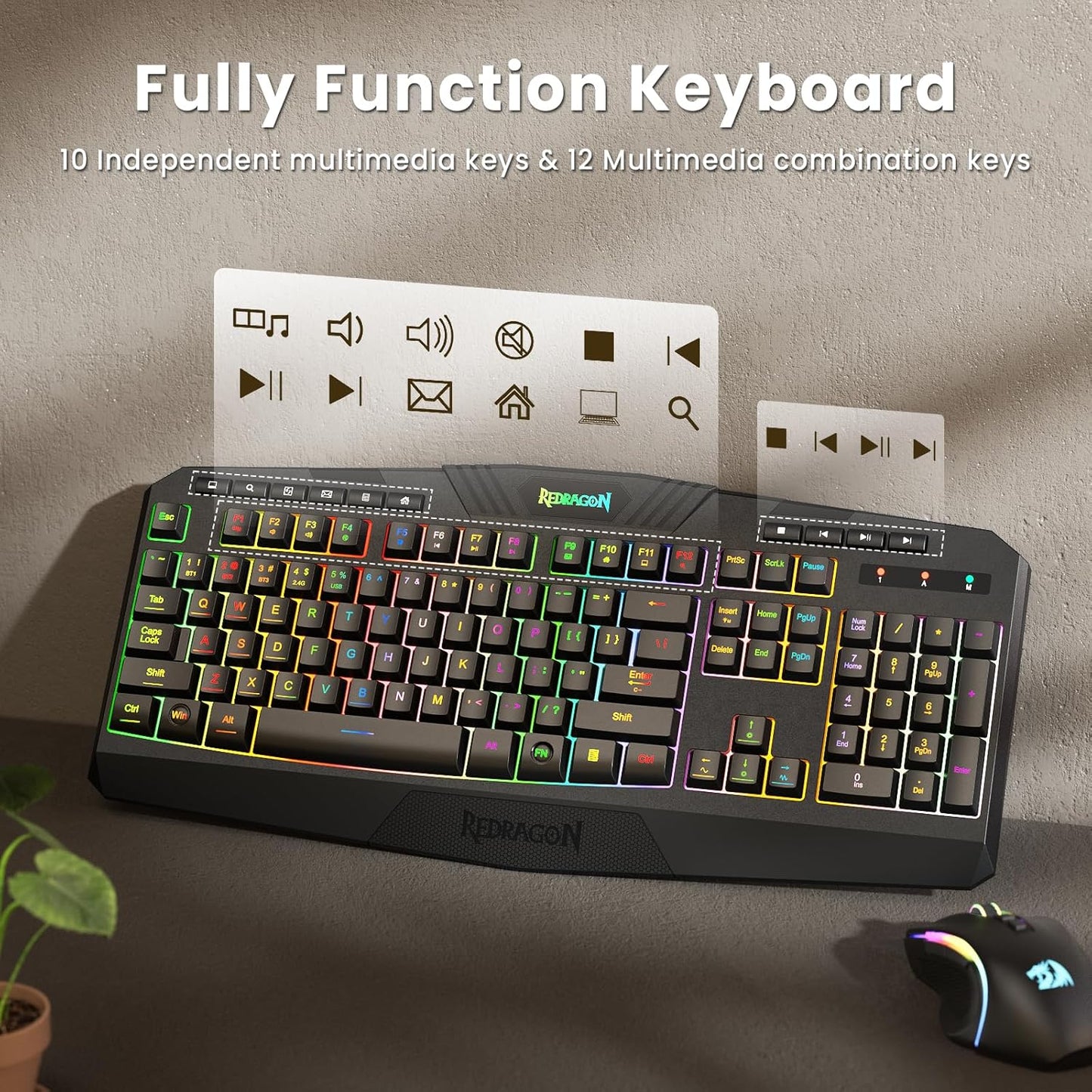 Redragon S101M-KS Gaming Keyboard and Mouse Wireless with Tri-Mode, RGB Keyboard and 4800 DPI Gaming Mouse, 10 Independent Multimedia Keys for Wins, PC, Computer, Wireless S101 Ideal for Gamer
