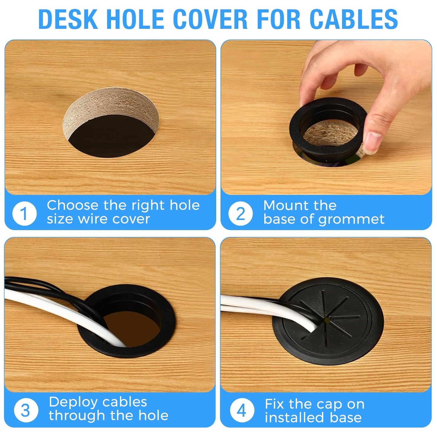 Desk Grommet 2-3/8" (60 mm), Desk Hole Cover for Cables Brown, Cable Grommet ABS Plastic, Desk Hole Grommet for Office and Home Table Cable, Detachable & Flexible Cable Cord Organizer-2 Pcs