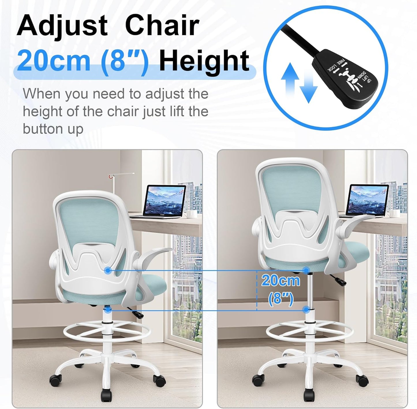 Drafting Chair Tall Office Chair with Flip-up Armrests, Adjustable Height, and Enhanced Lumbar Support - Ergonomic Rolling Stool, Back Support, and Adjustable Foot Rest Ring Light Blue