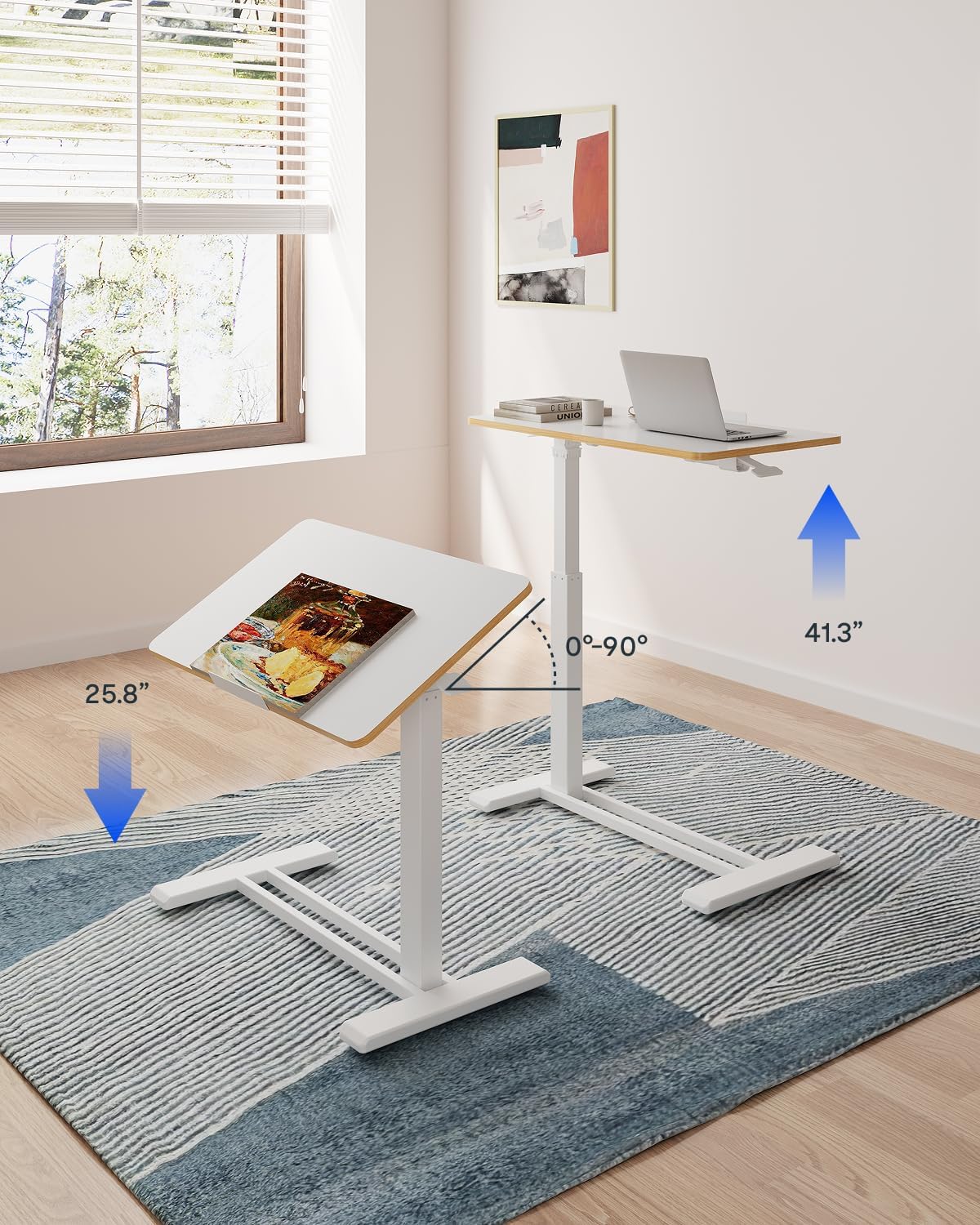 FLEXISPOT H7 PRO Mobile Standing Desk Adjustable Overbed Table Pneumatic with Wheels 90°Tiltable Portable Laptop Desk Rolling Computer Cart Foldable Bedside Table(31.5" W x 17.7" D, White)