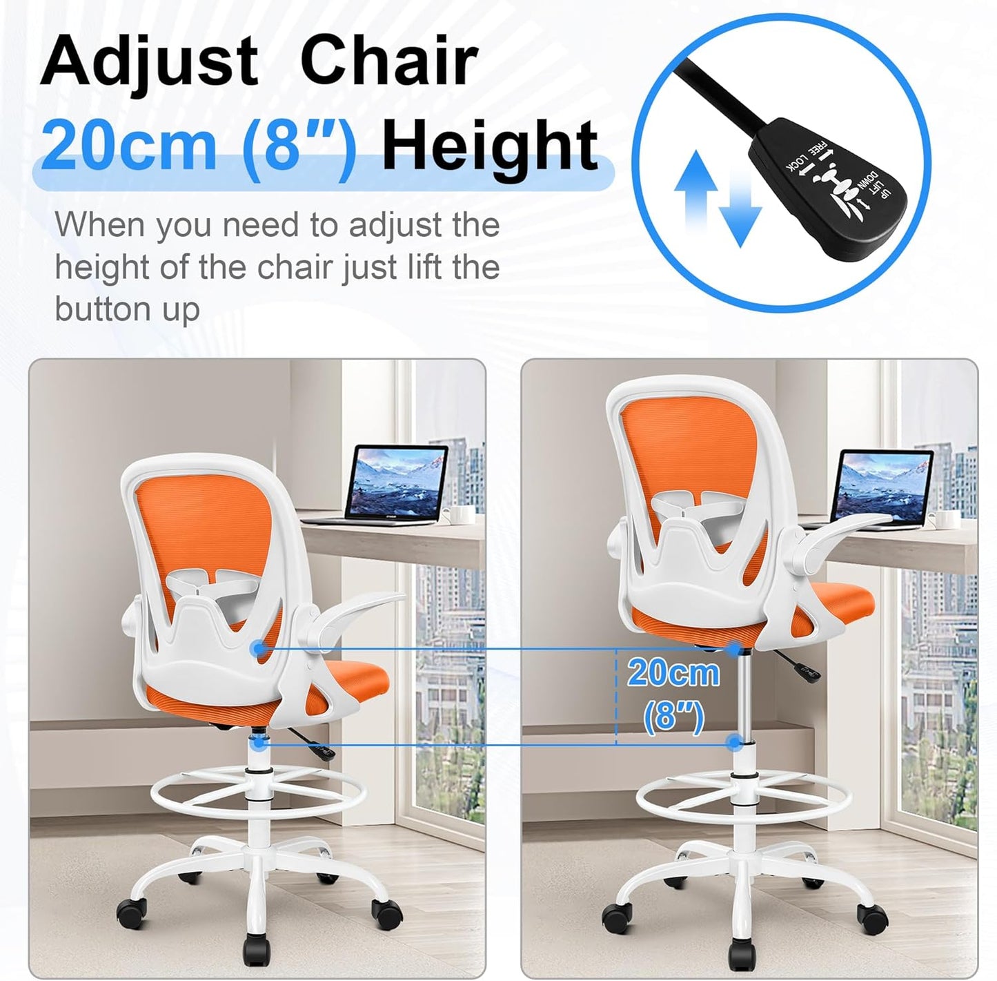 Primy Drafting Chair Tall Office Chair with Flip-up Armrests Executive Ergonomic Computer Standing Desk Chair with Lumbar Support and Adjustable Footrest Ring (Sunset Orange)