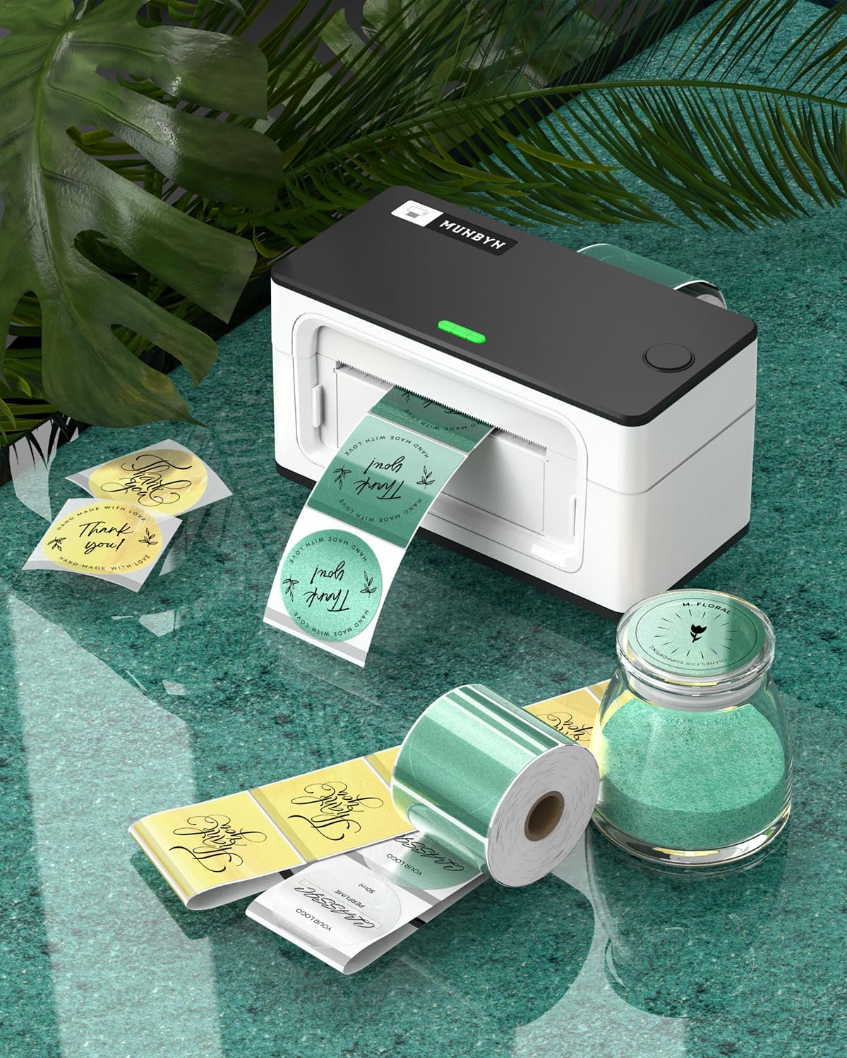 MUNBYN 2 Inch (50.8x50.8mm) Green Transparent Thermal Labels, Round Fine Glitter Printable Thermal Stickers for Small Businesses, 500 Labels/1 Roll