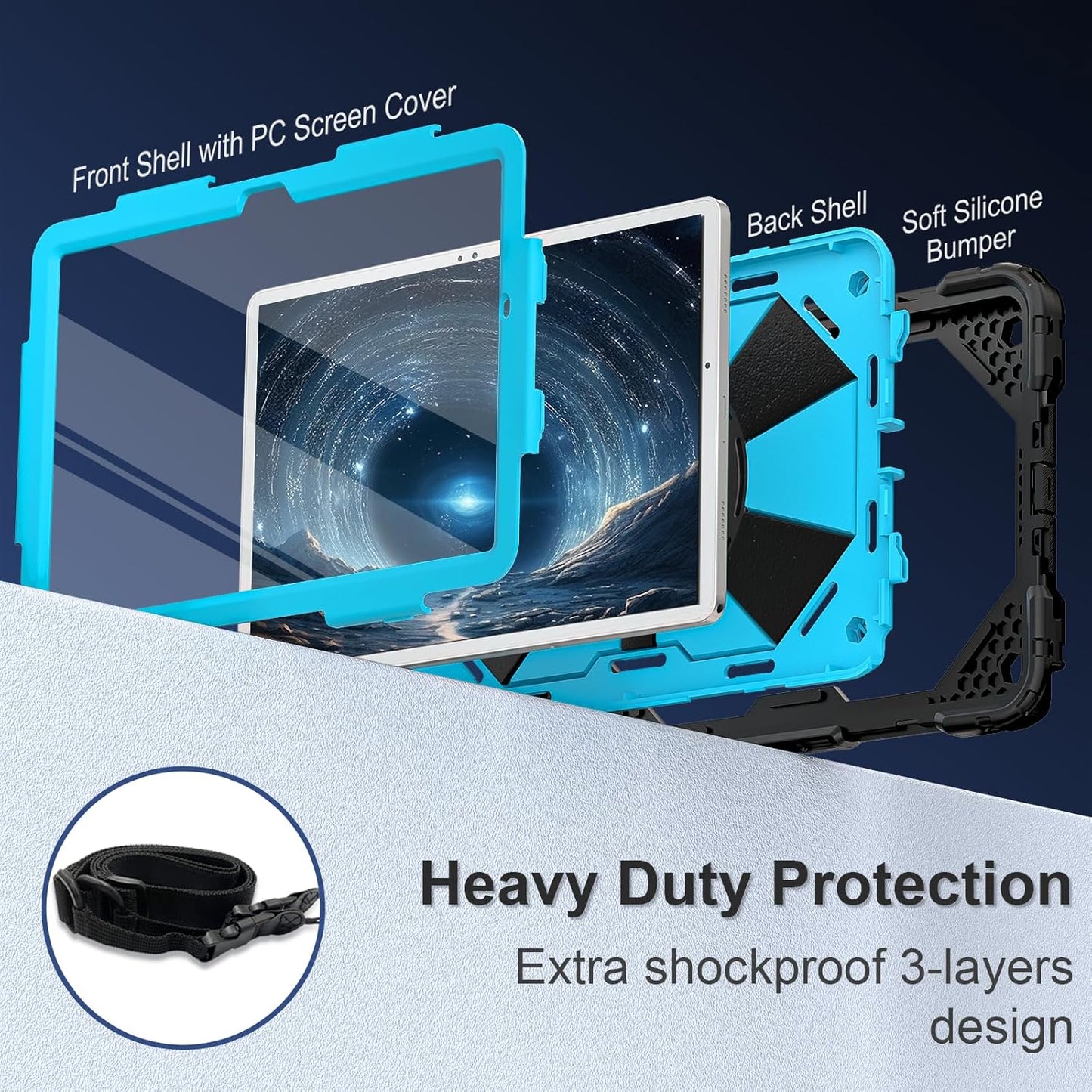 for Galaxy Tab A9 Plus Case 11 Inch, Rugged Case for Samsung Galaxy A9+ Tablet with Screen Protector 360 Rotating Stand Shoulder Strap Pen Holder, 2023 Model(SM-X210/X216/218), Black Blue