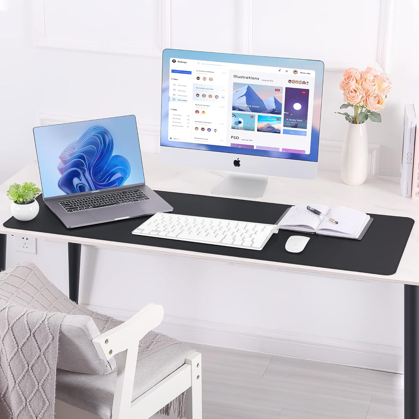 Large Desk Mat 47.2" x 17" Leather Desk Pad Protector with Natural Cork & PU Leather, Non-Slip Office Desk Mat, Large Mouse Pad, Waterproof Desk Blotter pad for Office&Home(Black)