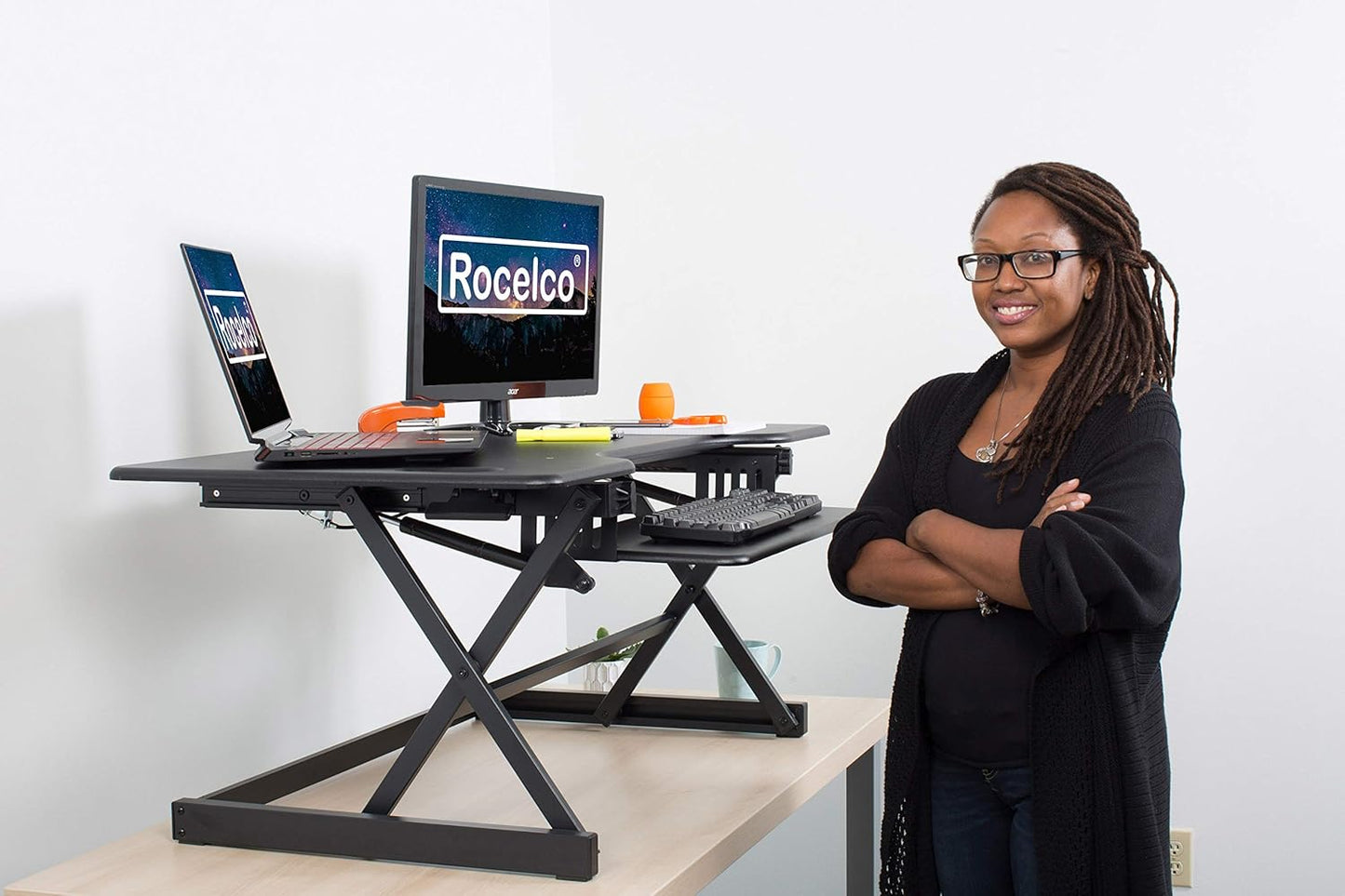 Rocelco 46" Large Height Adjustable Standing Desk Converter - Quick Sit Stand Up Triple Monitor Riser - Tall Gas Spring Assist Computer Workstation - Retractable Keyboard Tray - Black (R DADRB-46)