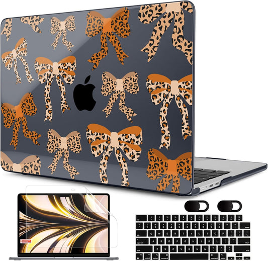 MEEgoodo Case for MacBook Air M4/M3/M2 13.6 inch 2025 2024 2022, Fit Model A3240 A3113 A2681, Compatible with MacBook Air 13 inch, Laptop Hard Shell with Keyboard Cover, Ribbon Bow with Leopard Skin