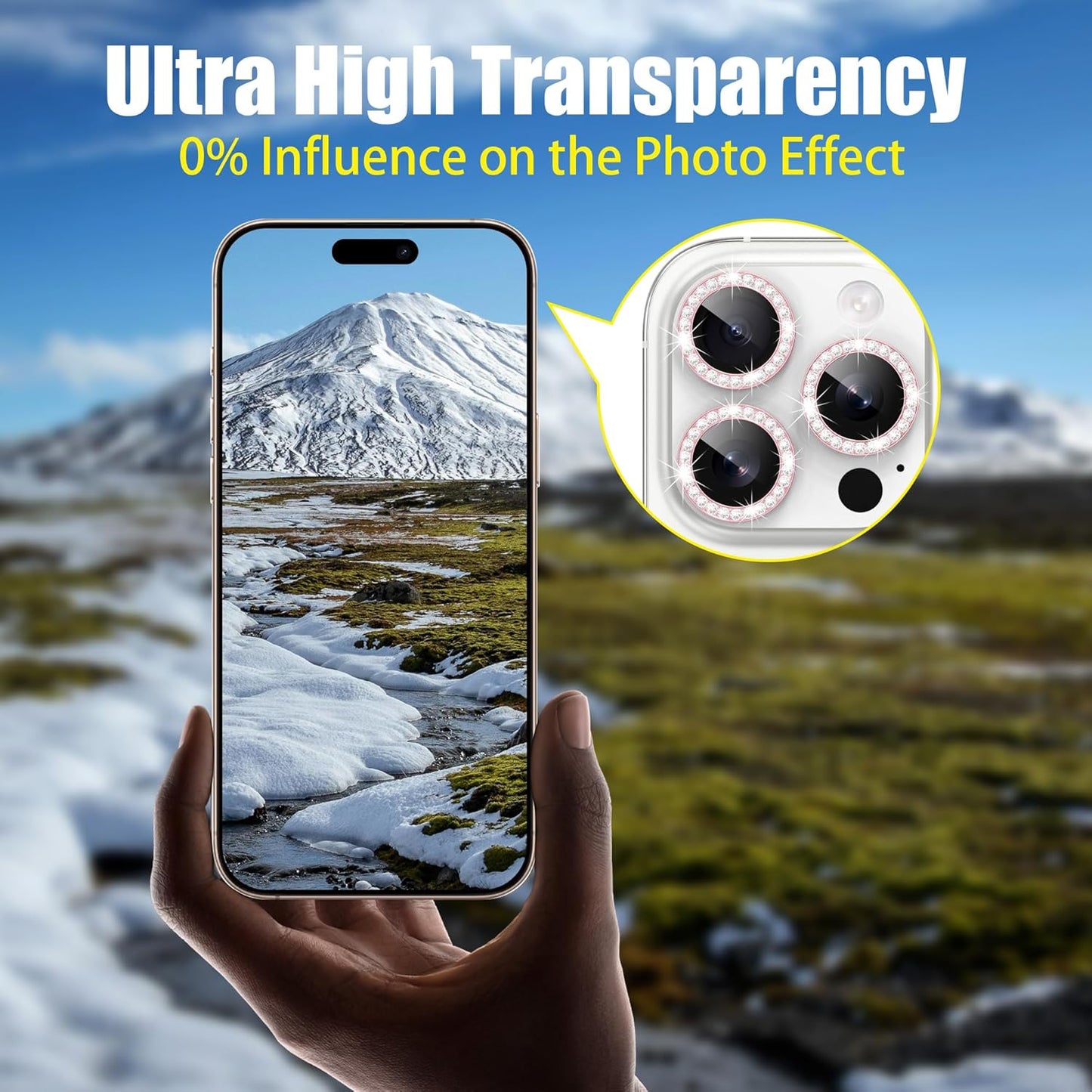 AGVEE 3+3 6 Pack for iPhone 16 Pro 6.3" / 16 Pro Max 6.9" Camera Lens Cover Protector, Bling Diamond & Bling Glitter Metal Ring 9H Tempered HD Glass Camera Cover Protector Film, Bling-Pink